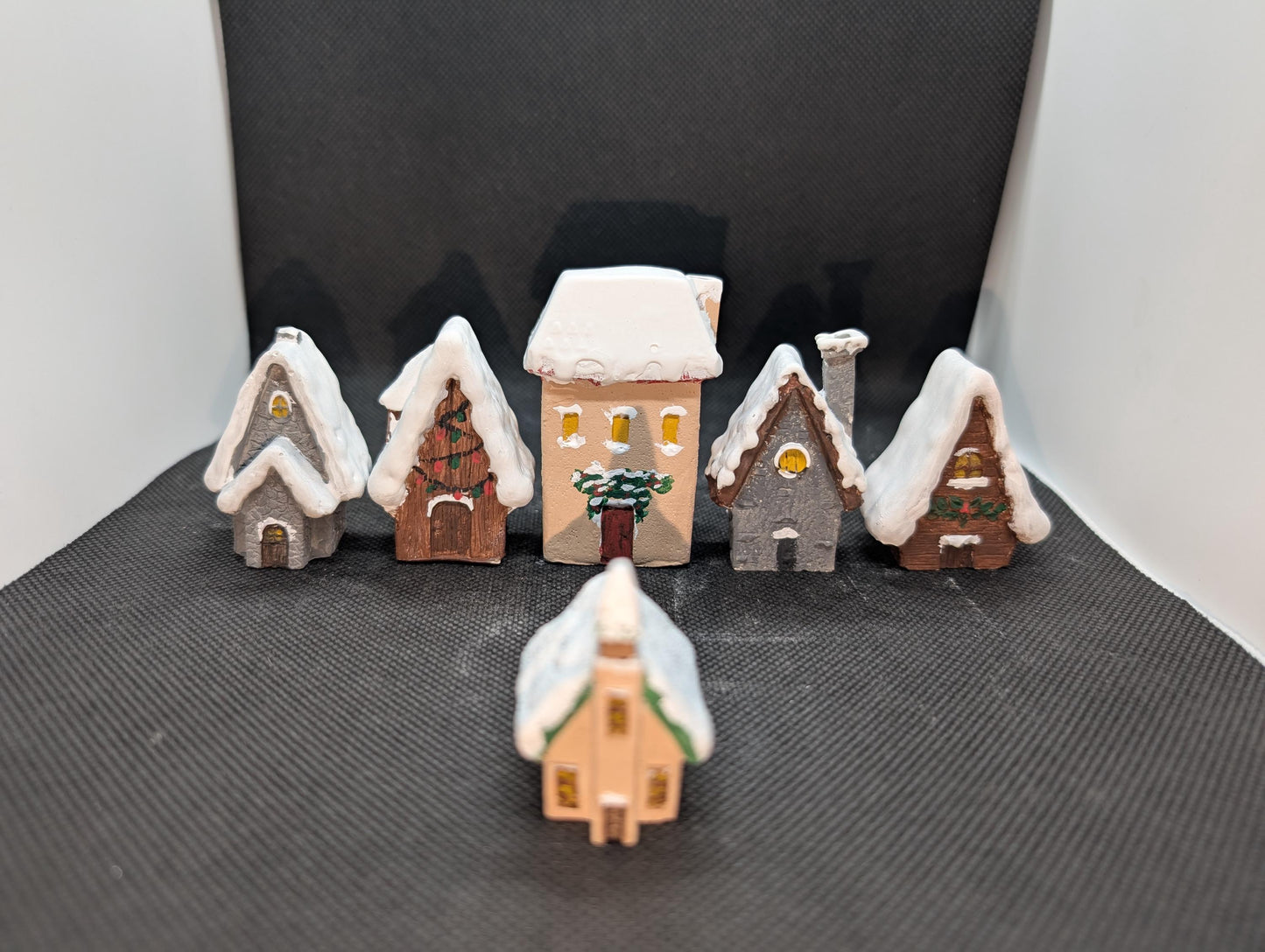 Very Unique Hand Painted Mini Concrete Christmas Village- Set Of 6