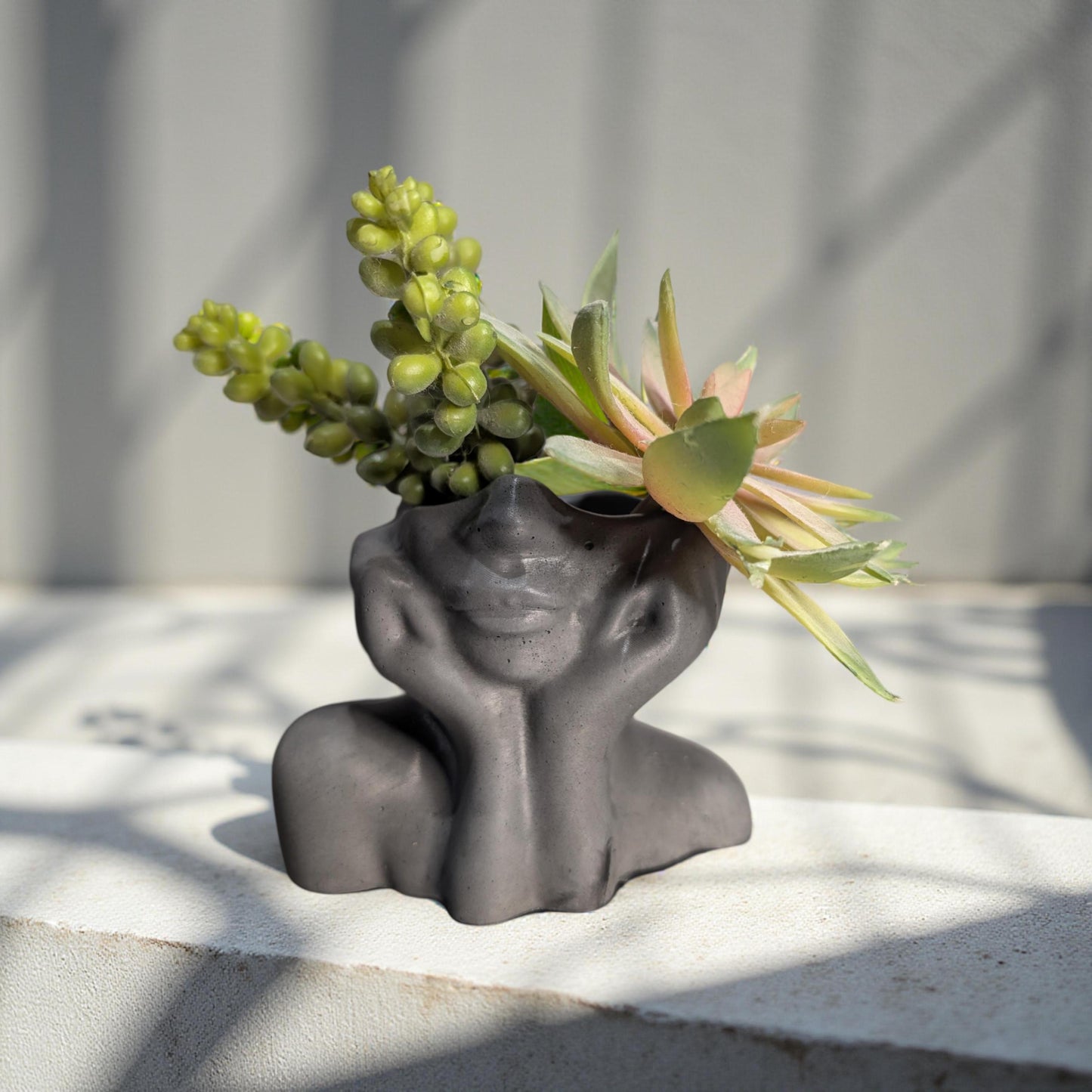 Abstract Face Concrete Head Planter / Sculptural Vase — Modern Minimalist Artistic Home Décor