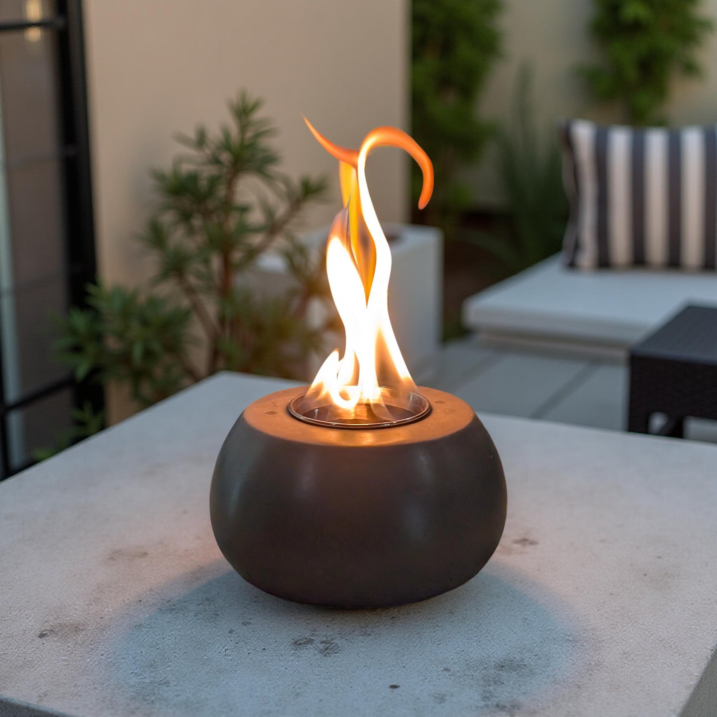 Concrete Tabletop Fire pit – Modern Indoor Outdoor Fire Bowl | Grey or Natural Concrete with Optional Snuffer & Stainless Steel Cup
