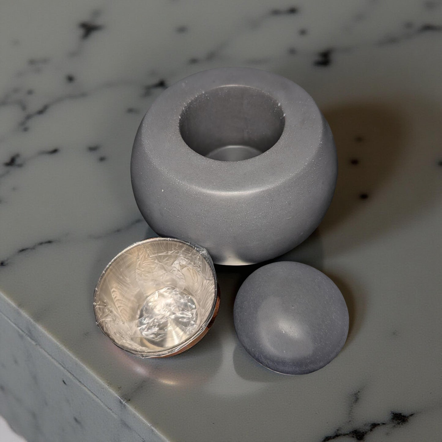 Concrete Tabletop Fire pit – Modern Indoor Outdoor Fire Bowl | Grey or Natural Concrete with Optional Snuffer & Stainless Steel Cup