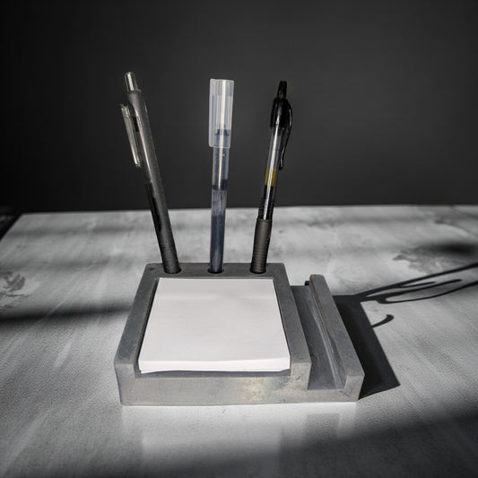 Concrete Desk Organizer | Pen Holder, Post-It Note Holder & Phone Stand | Modern Minimalist Office Accessory