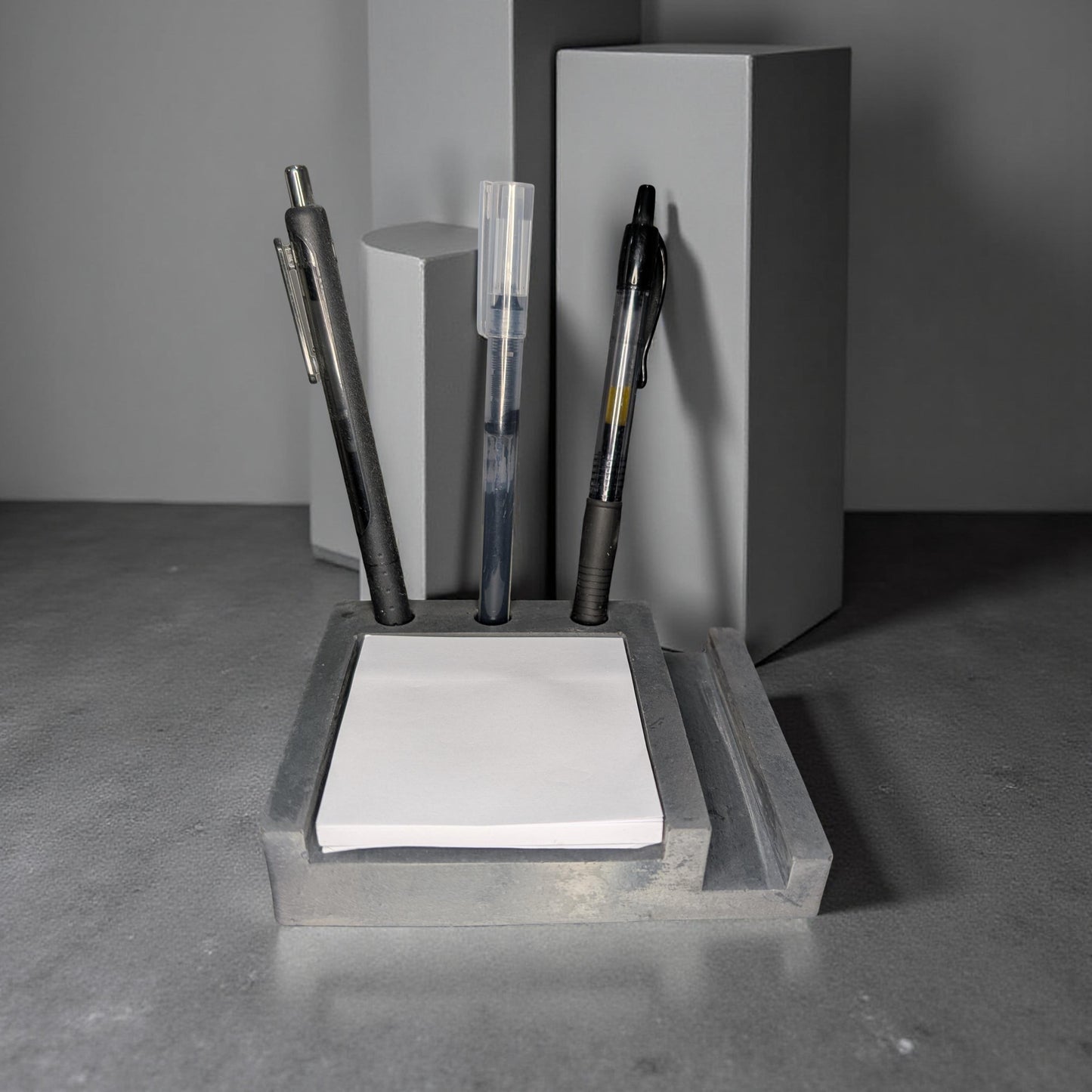 Concrete Desk Organizer | Pen Holder, Post-It Note Holder & Phone Stand | Modern Minimalist Office Accessory