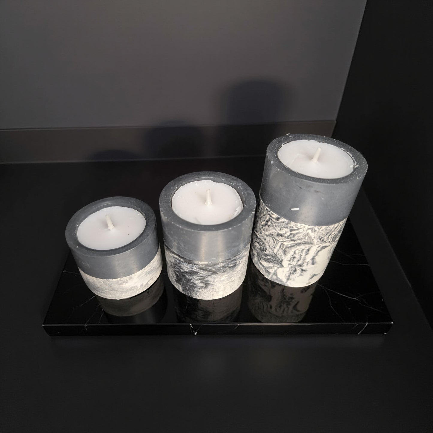 Set of 3 Concrete Tea Light Candle Holders – Gray & Marble Half Design | Modern Minimalist Home Decor | Handmade Cement Candle Set