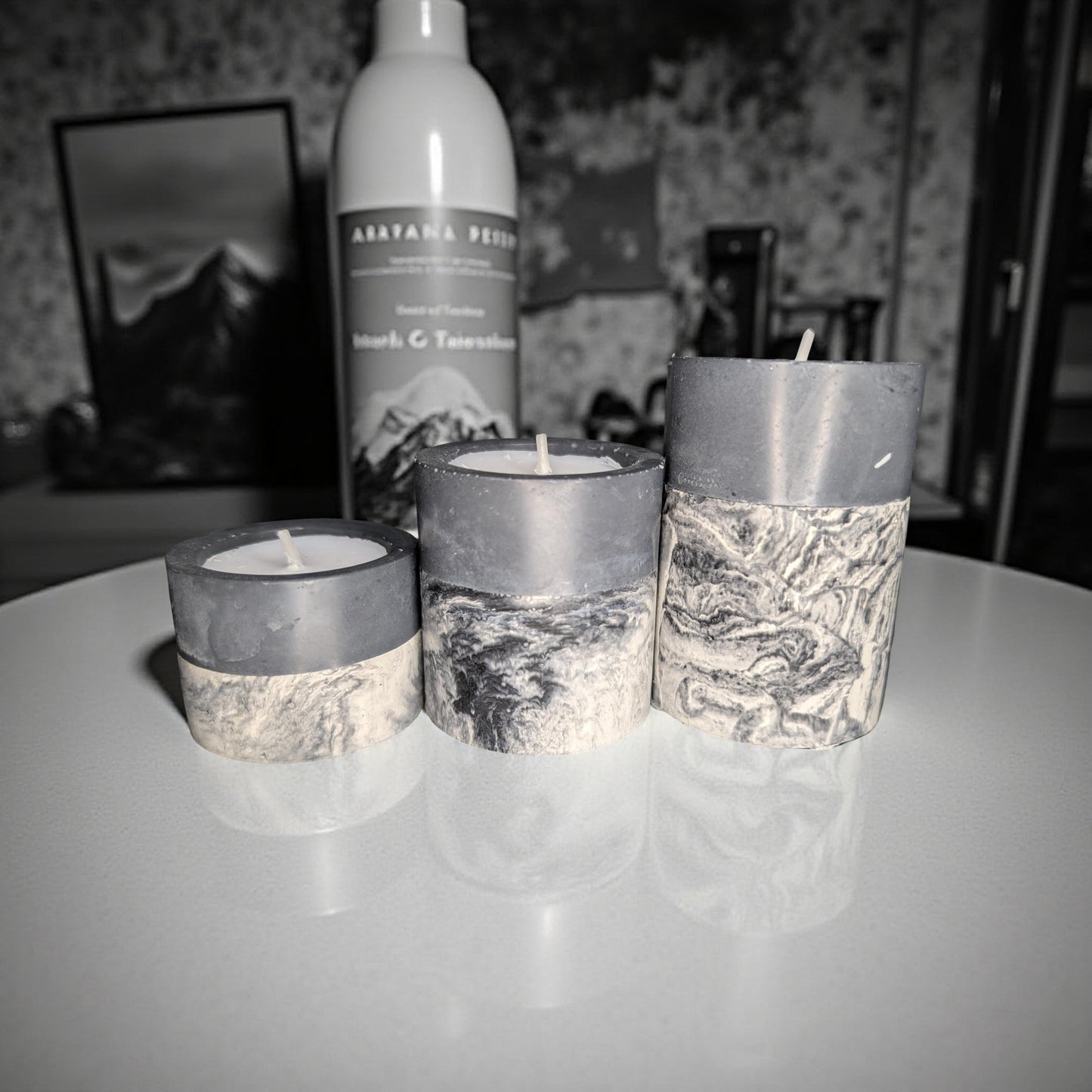 Set of 3 Concrete Tea Light Candle Holders – Gray & Marble Half Design | Modern Minimalist Home Decor | Handmade Cement Candle Set