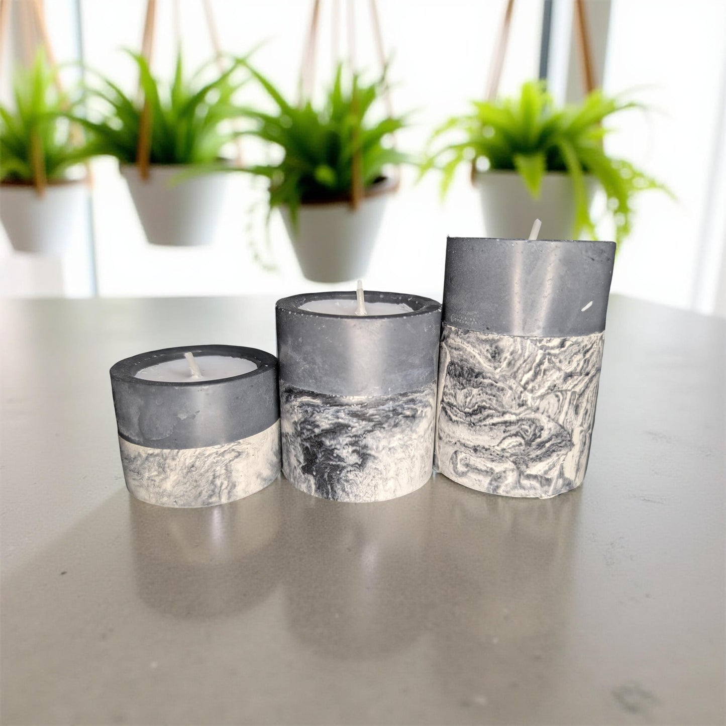 Set of 3 Concrete Tea Light Candle Holders – Gray & Marble Half Design | Modern Minimalist Home Decor | Handmade Cement Candle Set