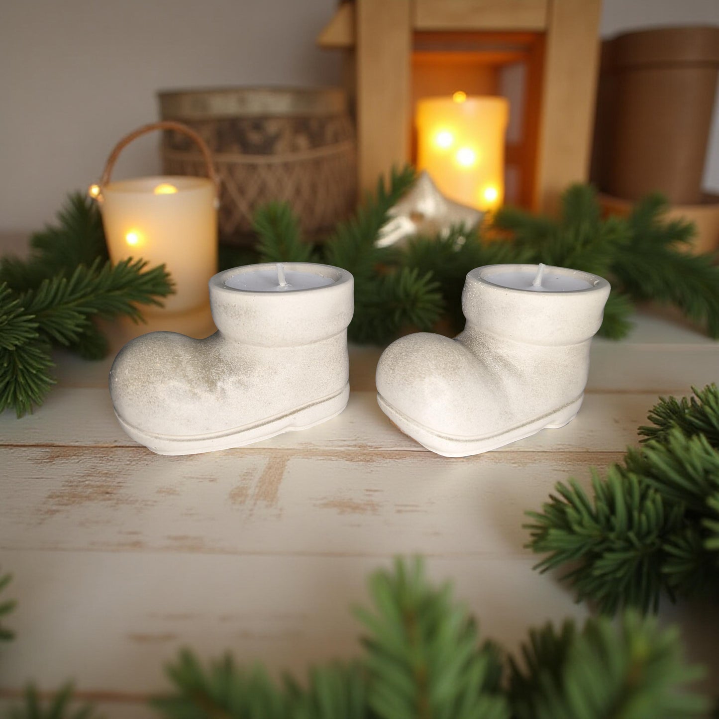 Concrete Santa Boot Tea Light Candle Holders (Set of 2) | Christmas Candle Holders | Unique Holiday Decor | Handmade Natural Concrete