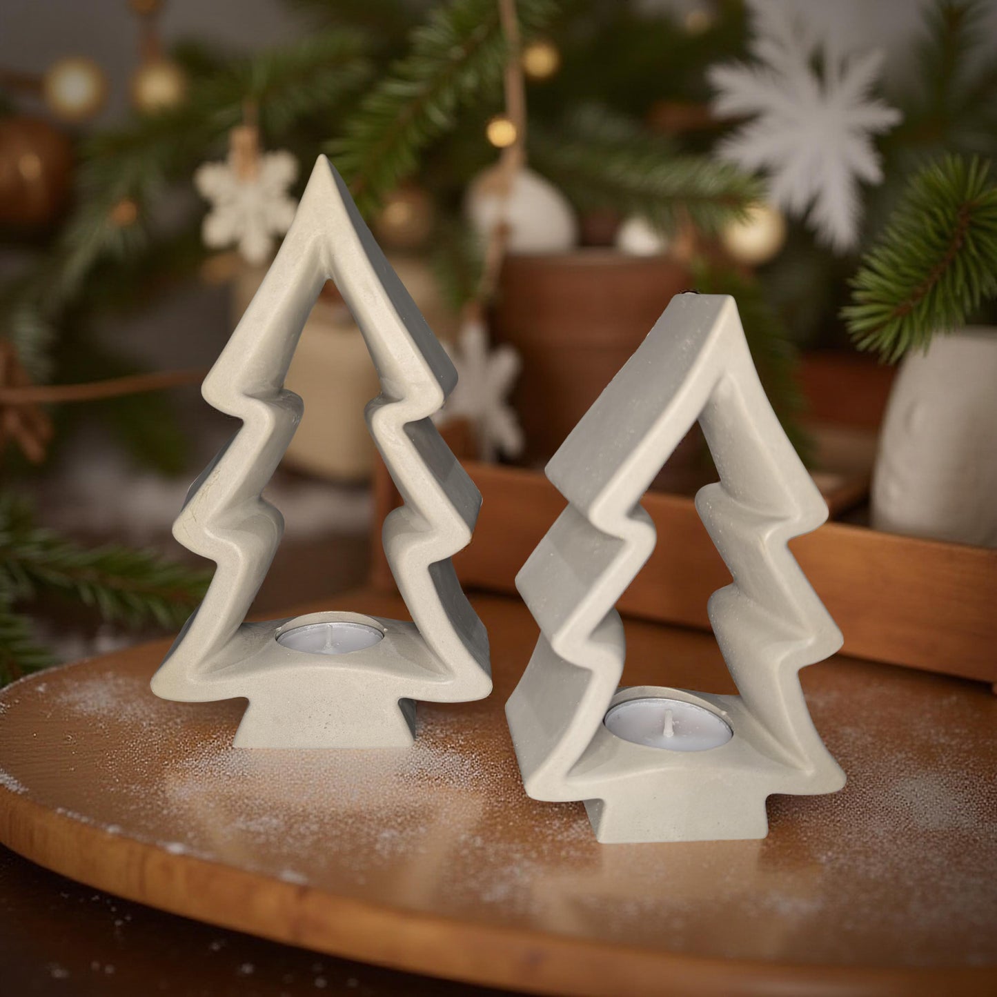 Concrete Christmas Tree Tea Light Holder with Candle | Modern Holiday Candle Holder | Minimalist Christmas Decor | Handmade Natural Concrete