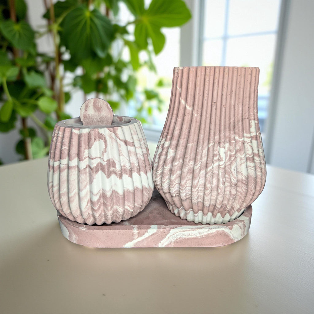 One-of-a-Kind Terracotta Marble Concrete Vase, Jar & Tray Set – Modern Handmade Home Décor – Unique 7” Oval Tray