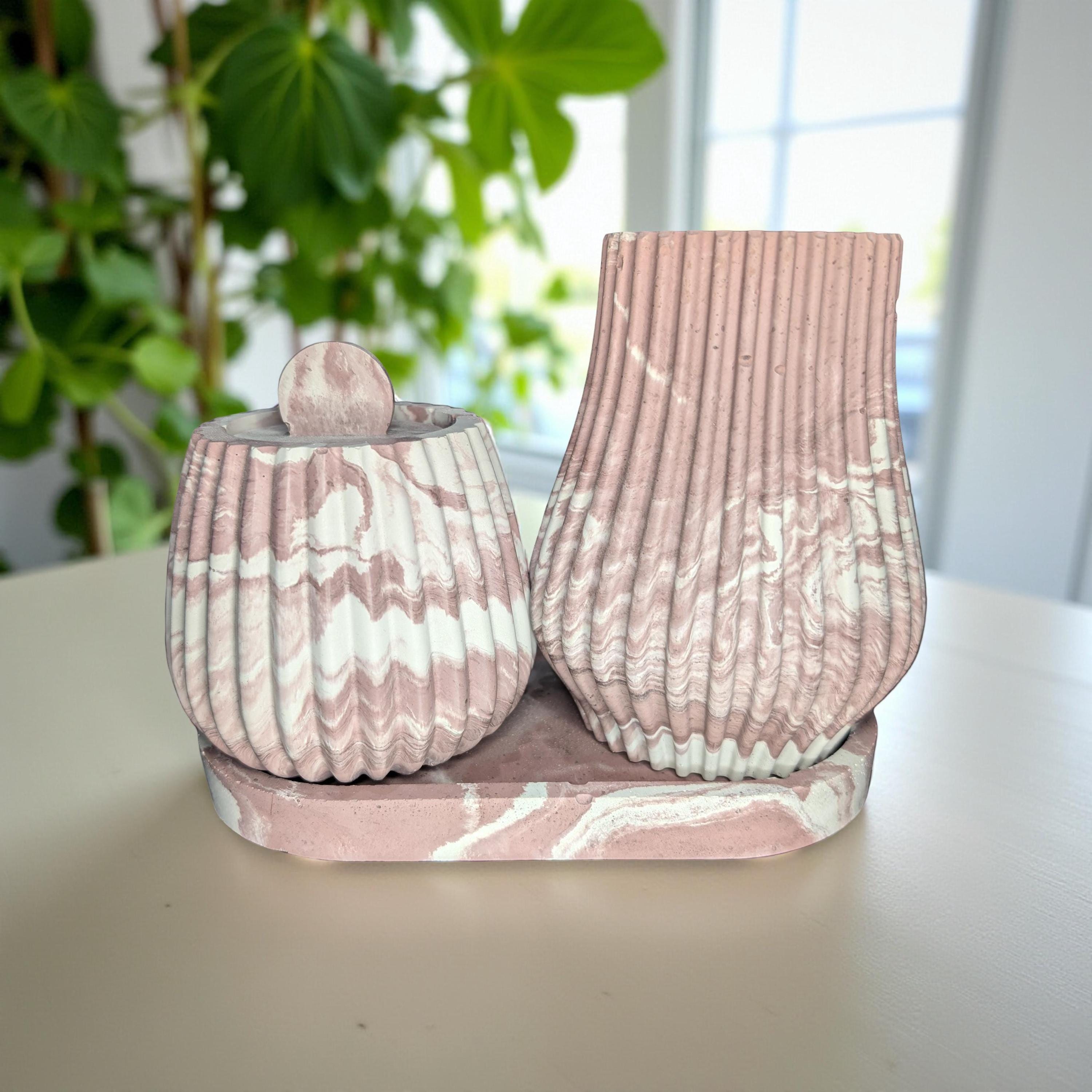 One-of-a-Kind Terracotta Marble Concrete Vase, Jar & Tray Set – Modern Handmade Home Décor – Unique 7” Oval Tray