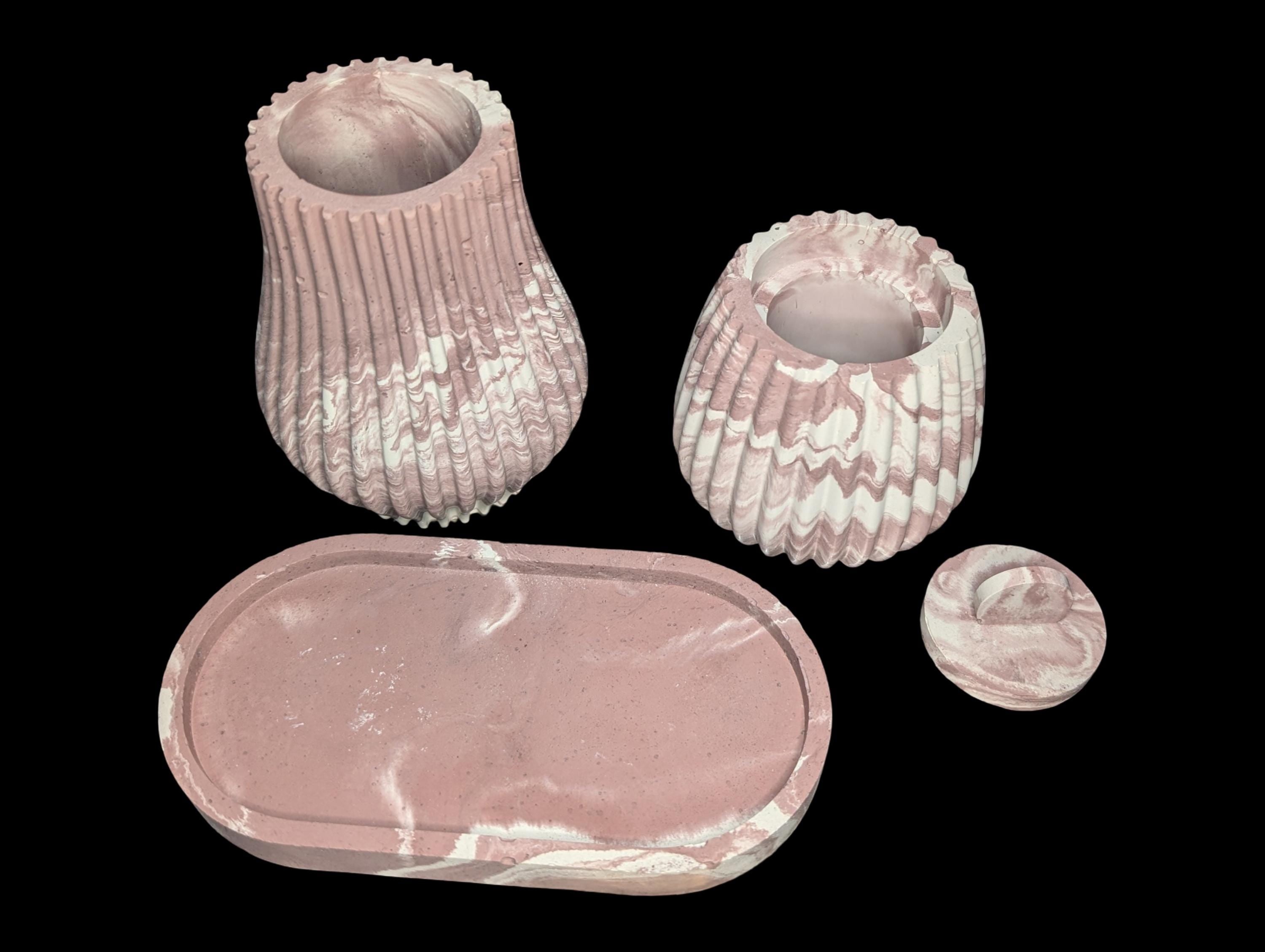 One-of-a-Kind Terracotta Marble Concrete Vase, Jar & Tray Set – Modern Handmade Home Décor – Unique 7” Oval Tray