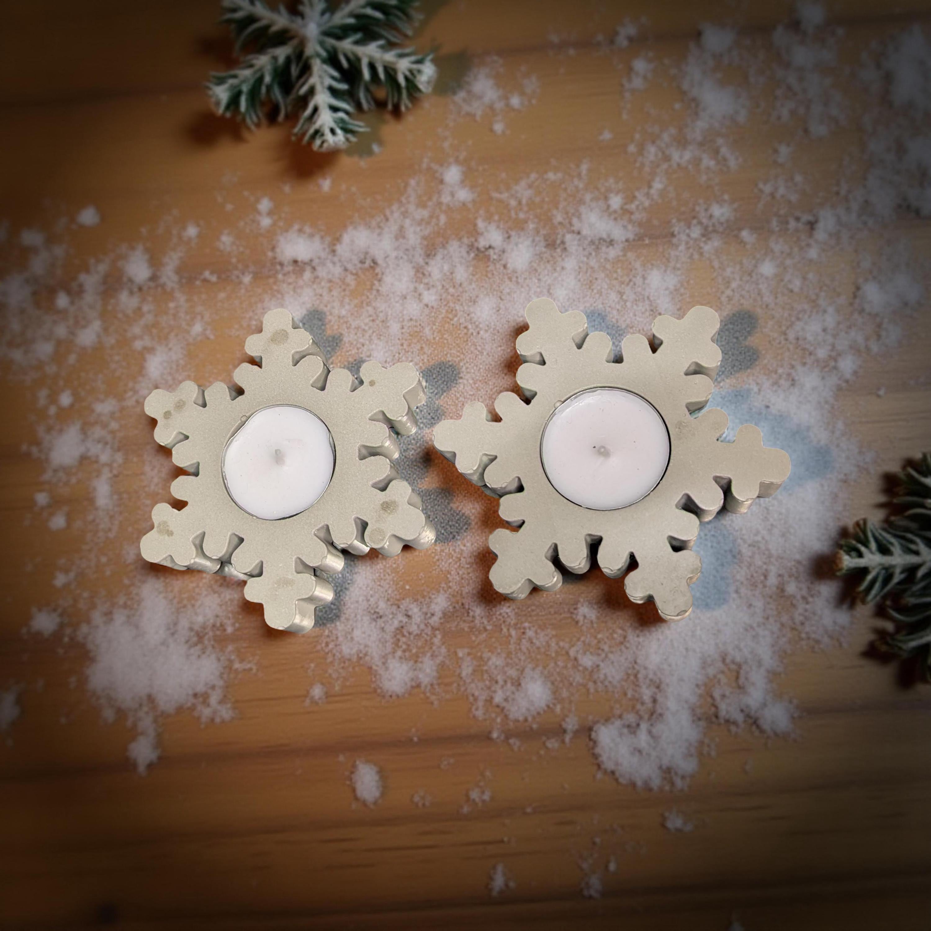 Concrete Snowflake Tea Light Candle Holders – Winter Holiday Table Décor – Minimalist Christmas Candle – Includes Tea Lights