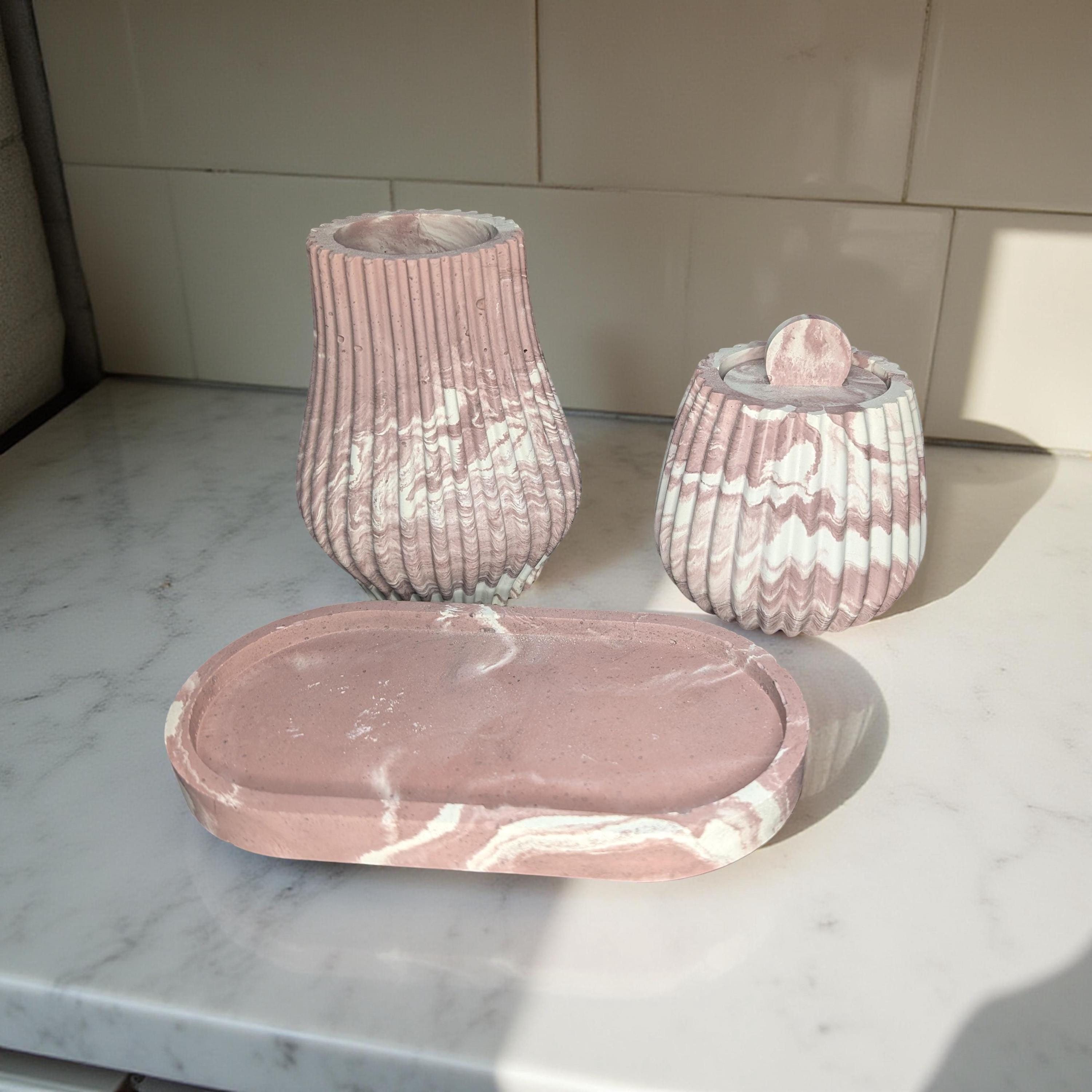 One-of-a-Kind Terracotta Marble Concrete Vase, Jar & Tray Set – Modern Handmade Home Décor – Unique 7” Oval Tray
