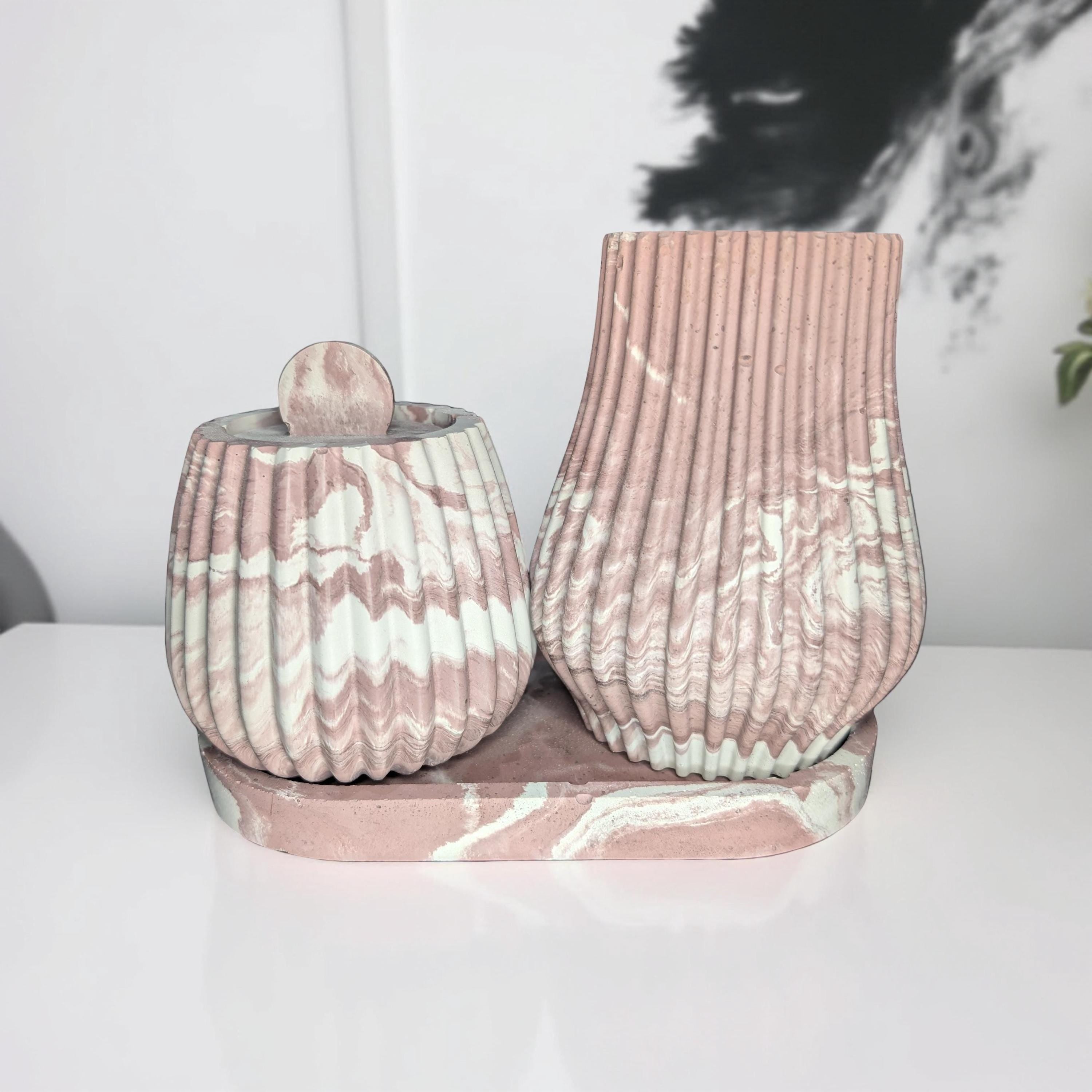 One-of-a-Kind Terracotta Marble Concrete Vase, Jar & Tray Set – Modern Handmade Home Décor – Unique 7” Oval Tray