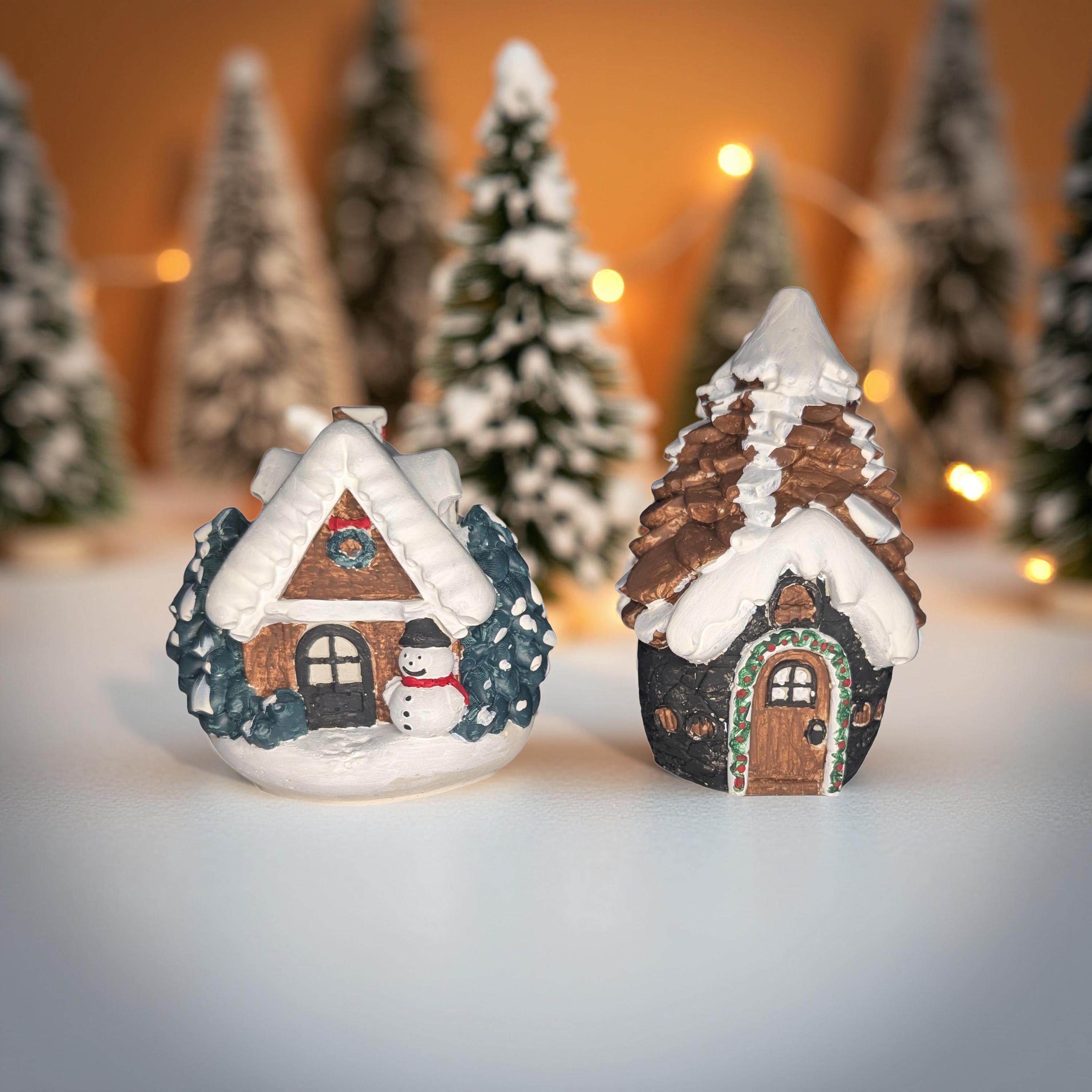 Handmade Concrete Christmas Houses | Painted or Unpainted Winter Village Decor | Mini Holiday Cottage Figurines | Snow House Ornaments