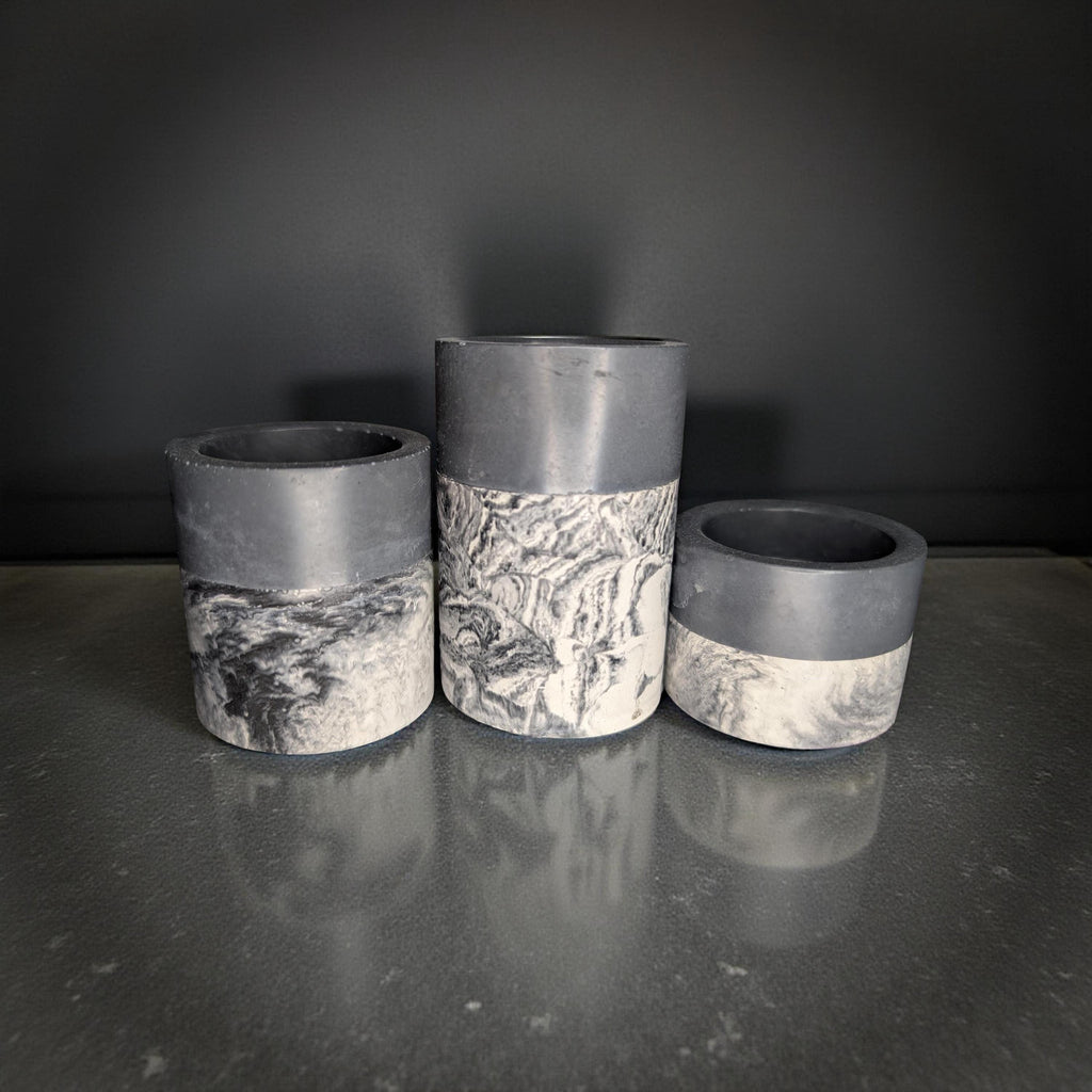 Set of 3 Concrete Tea Light Candle Holders – Gray & Marble Half Design | Modern Minimalist Home Decor | Handmade Cement Candle Set