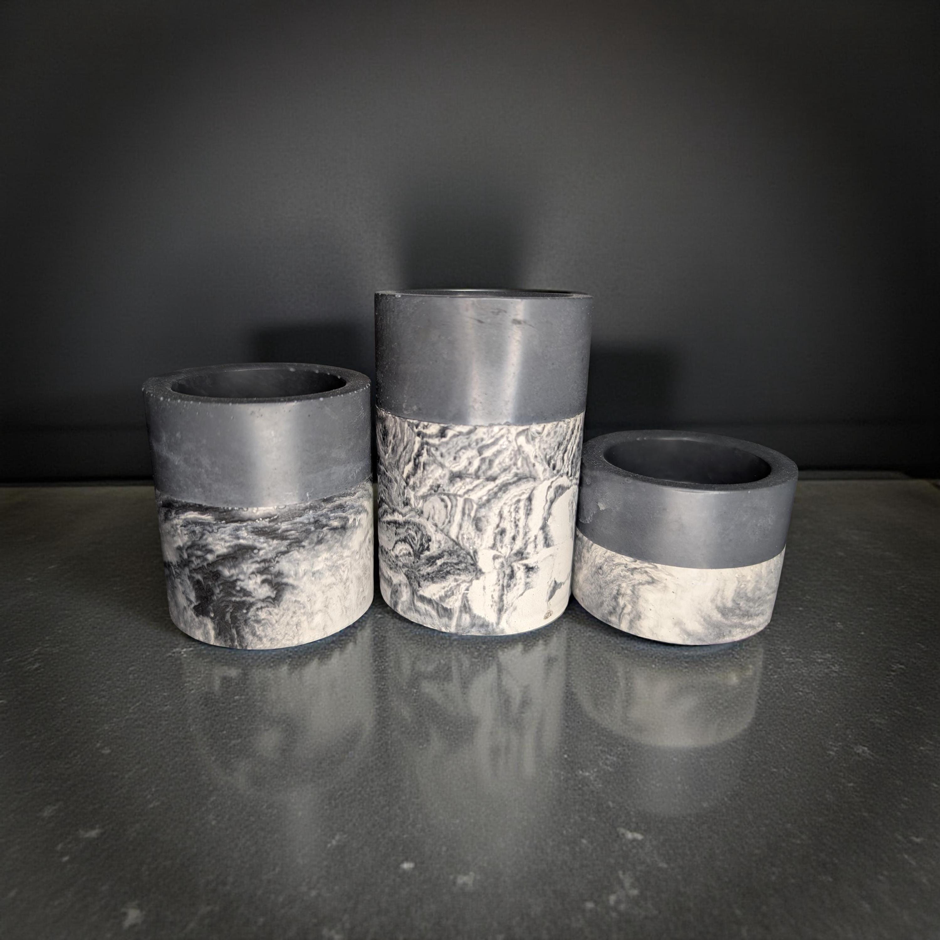 Set of 3 Concrete Tea Light Candle Holders – Gray & Marble Half Design | Modern Minimalist Home Decor | Handmade Cement Candle Set