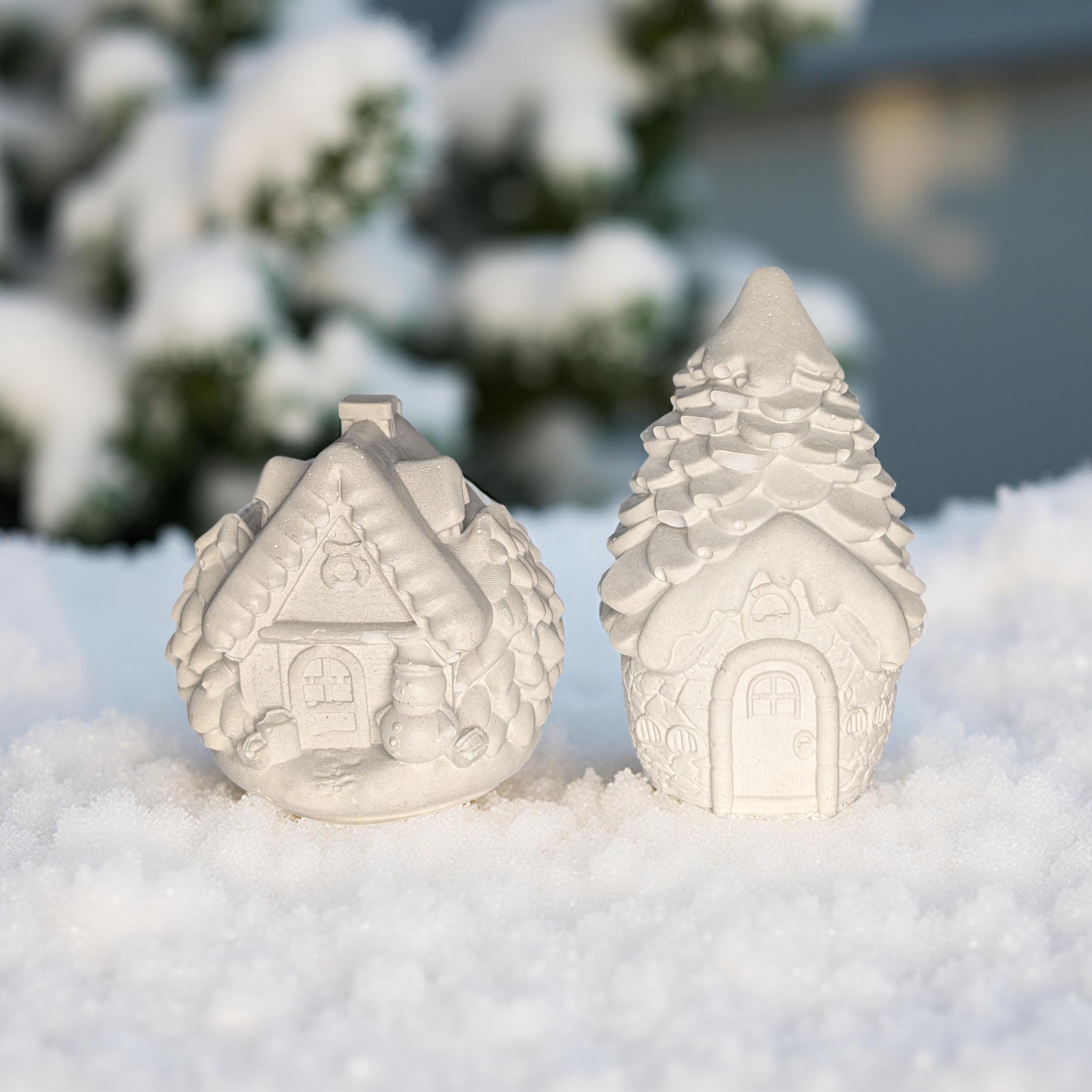 Handmade Concrete Christmas Houses | Painted or Unpainted Winter Village Decor | Mini Holiday Cottage Figurines | Snow House Ornaments