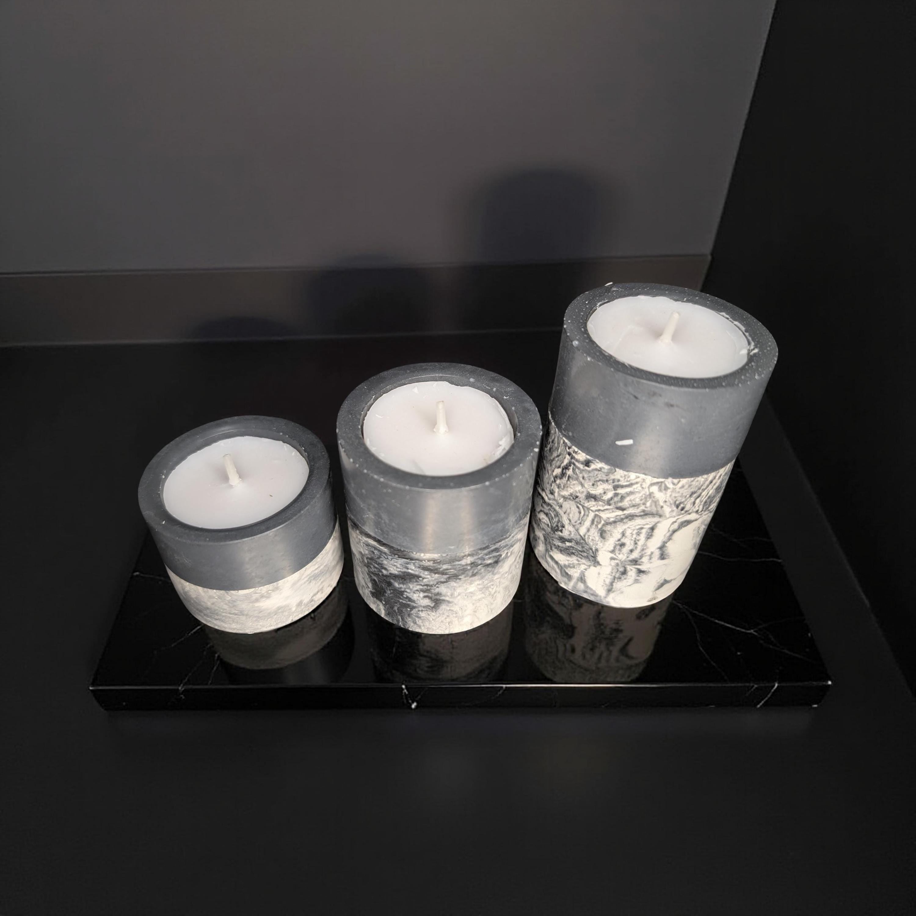 Set of 3 Concrete Tea Light Candle Holders – Gray & Marble Half Design | Modern Minimalist Home Decor | Handmade Cement Candle Set