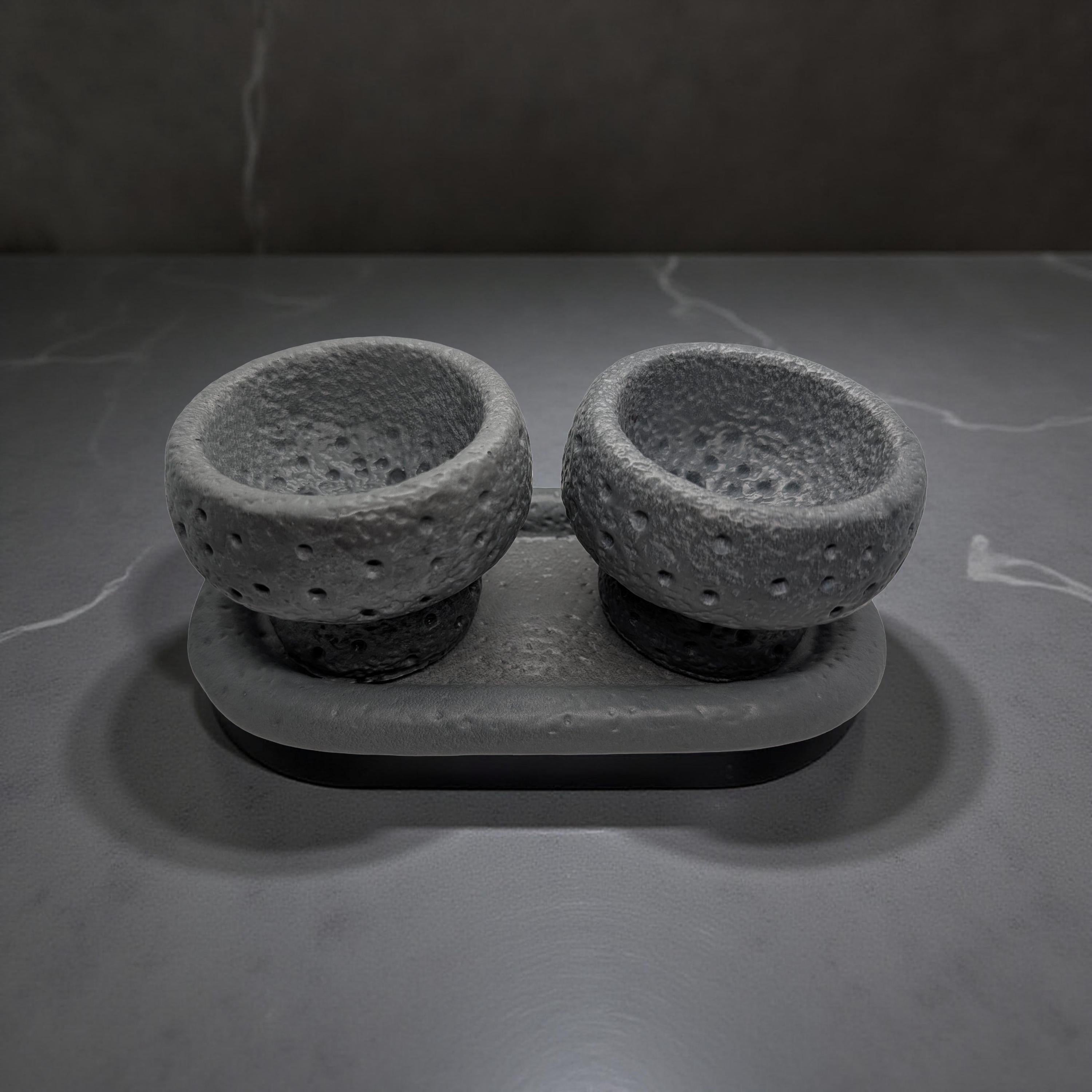 Modern Brutalist Lunar Stone Vessel & Tray Set | Concrete Succulent Planter, Decorative Storage Jar, Catchall Tray | Housewarming Gift |