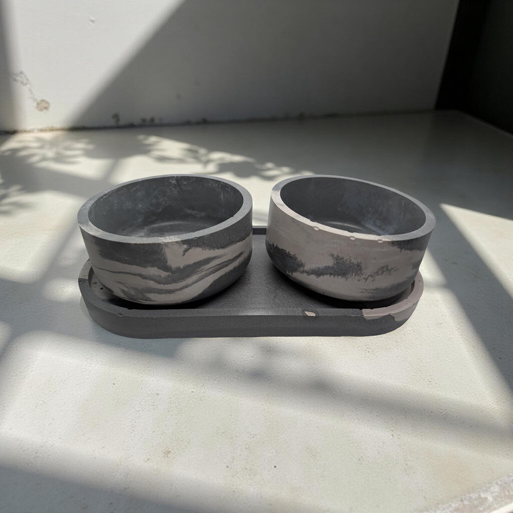 One-of-a-Kind Concrete Vanity Set | Gray Marble Tray + Bowl Duo | Modern Bathroom Storage for Q-Tips & Cotton Balls | Catchall Tray