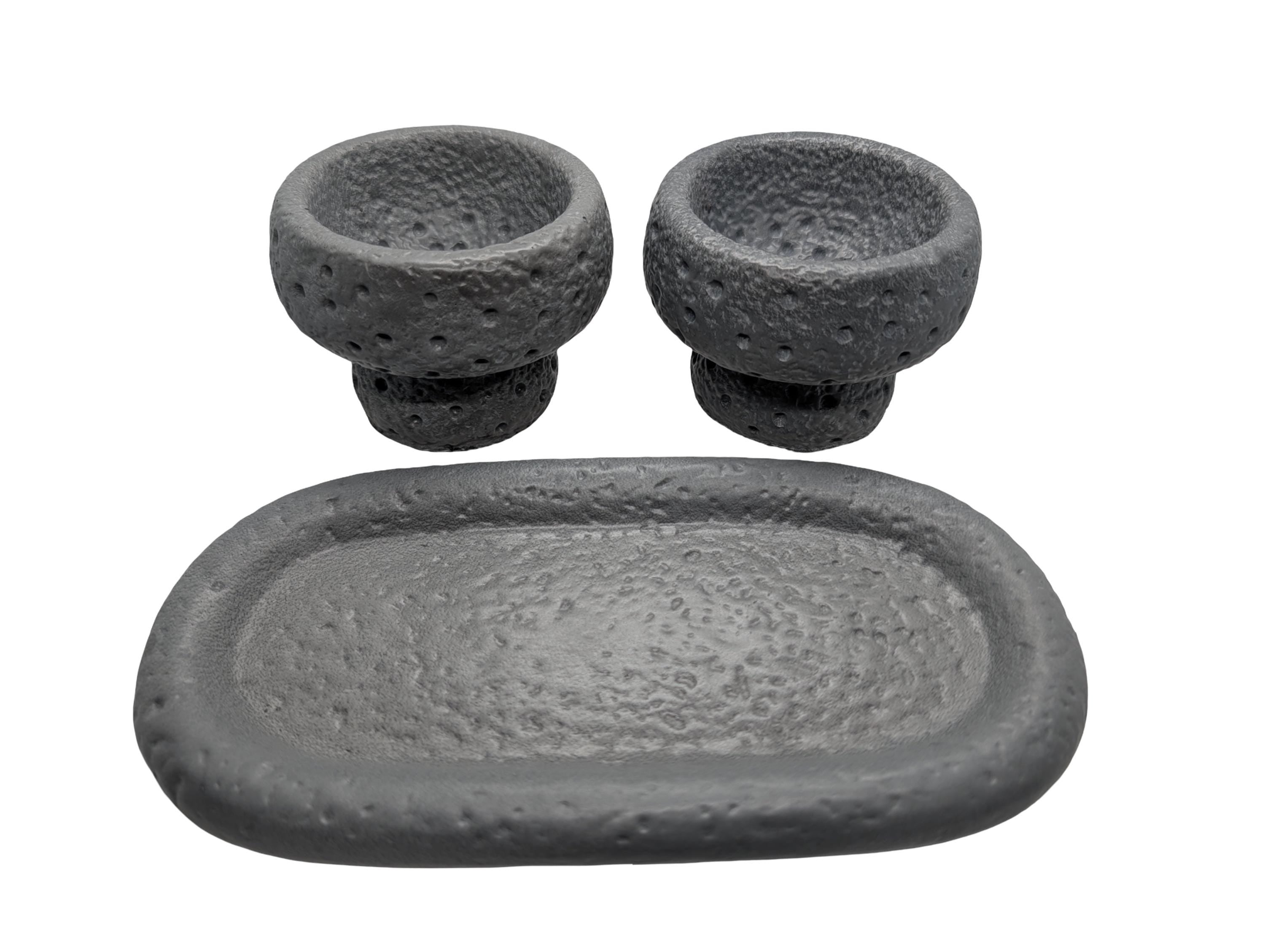 Modern Brutalist Lunar Stone Vessel & Tray Set | Concrete Succulent Planter, Decorative Storage Jar, Catchall Tray | Housewarming Gift |