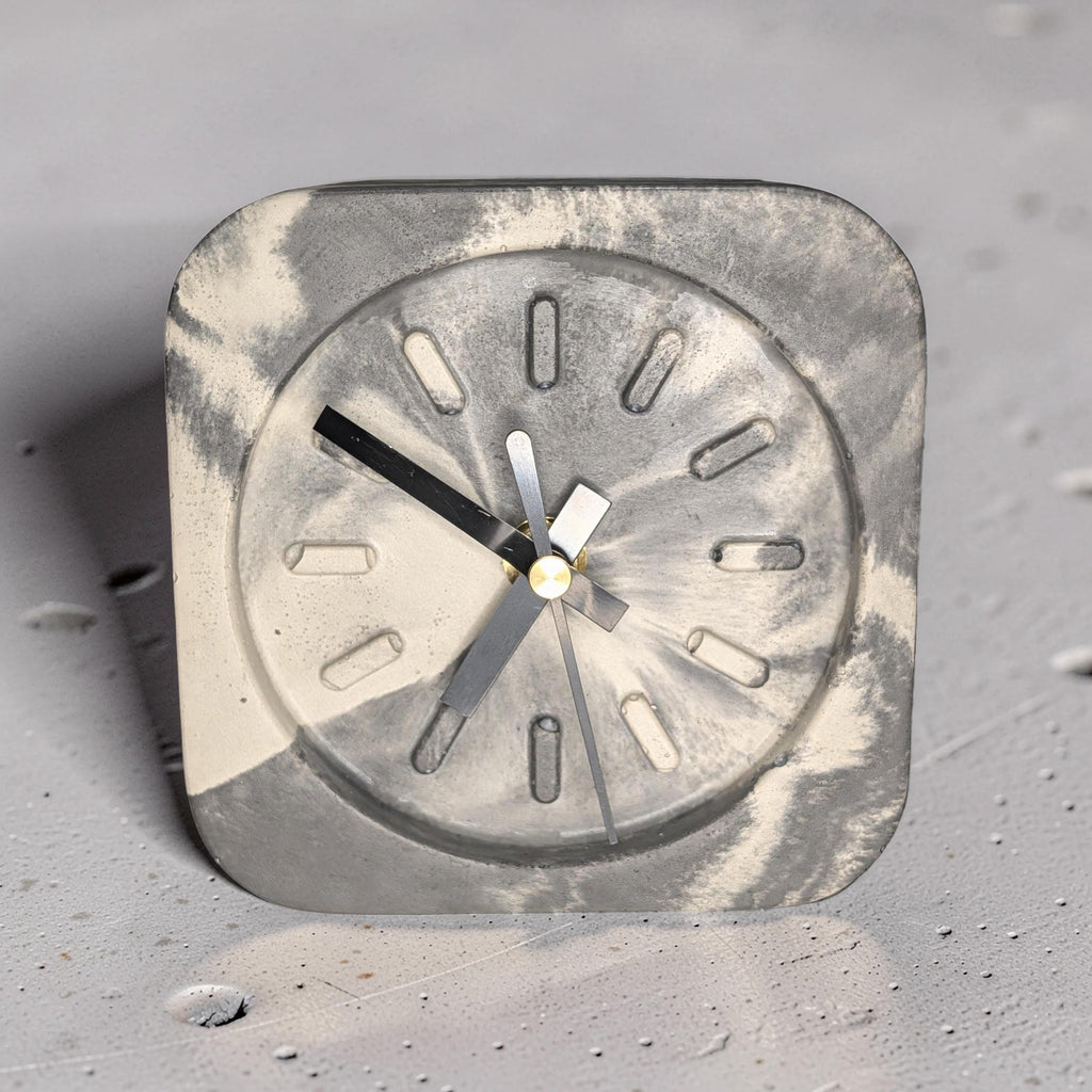 Modern Concrete Desk Clock | Minimalist Table Clock | Industrial Office Decor | Marbled & Gray Concrete Clock | Small Shelf Clock