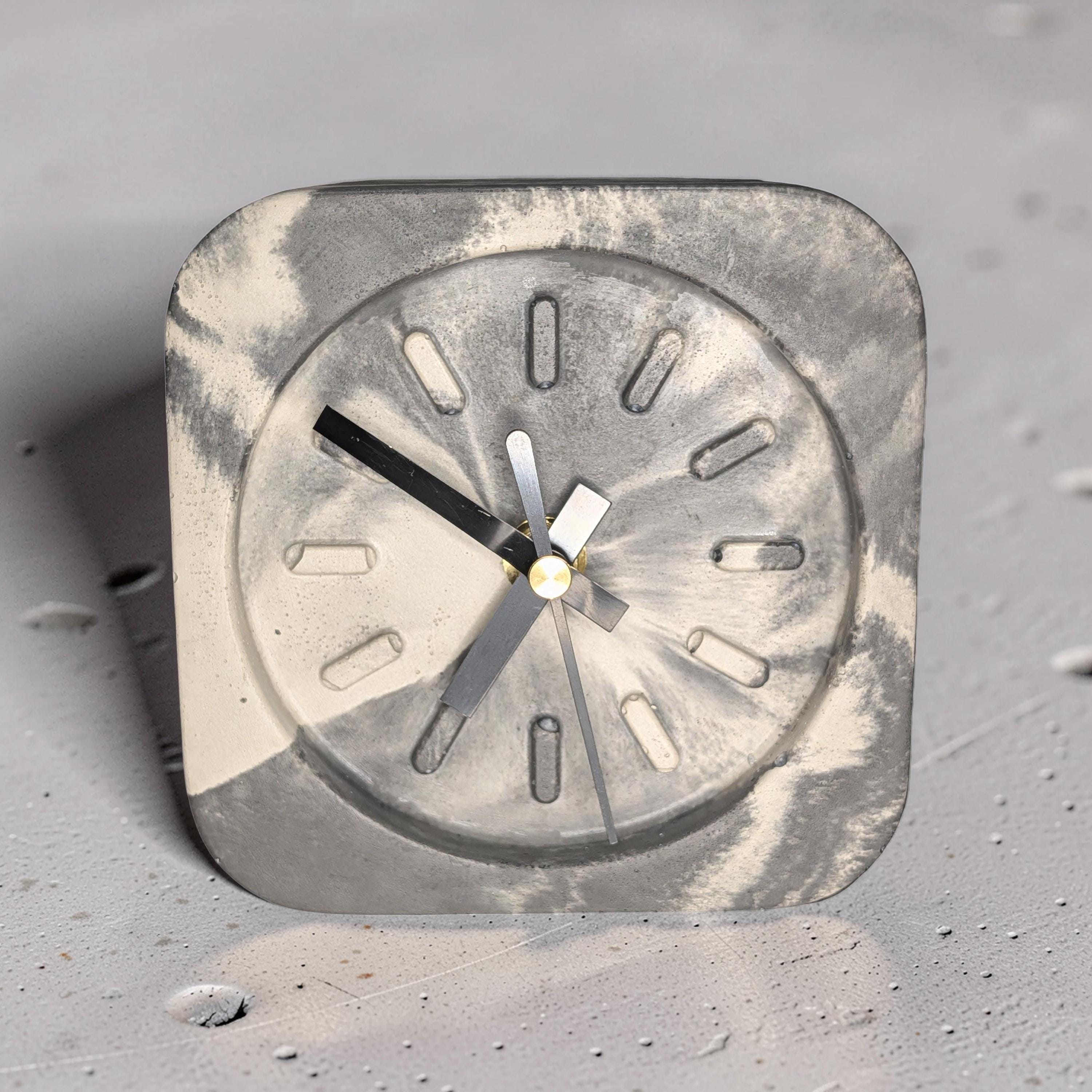 Modern Concrete Desk Clock | Minimalist Table Clock | Industrial Office Decor | Marbled & Gray Concrete Clock | Small Shelf Clock