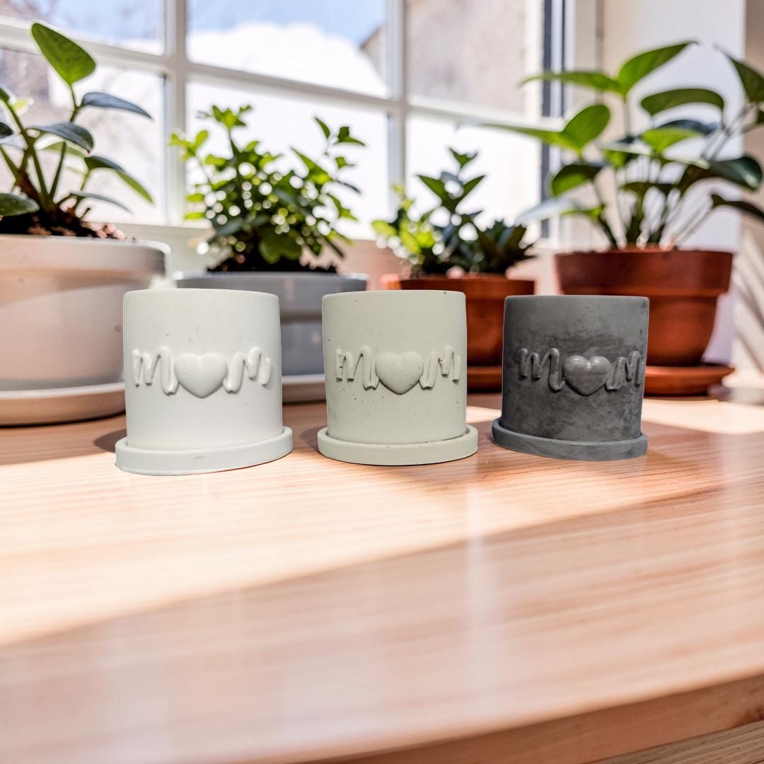 Concrete Mom Planter with Drainage Tray - Mother's Day Gift - Minimalist 3" Succulent Pot - White, Gray, or Natural Cement - Gift for Her