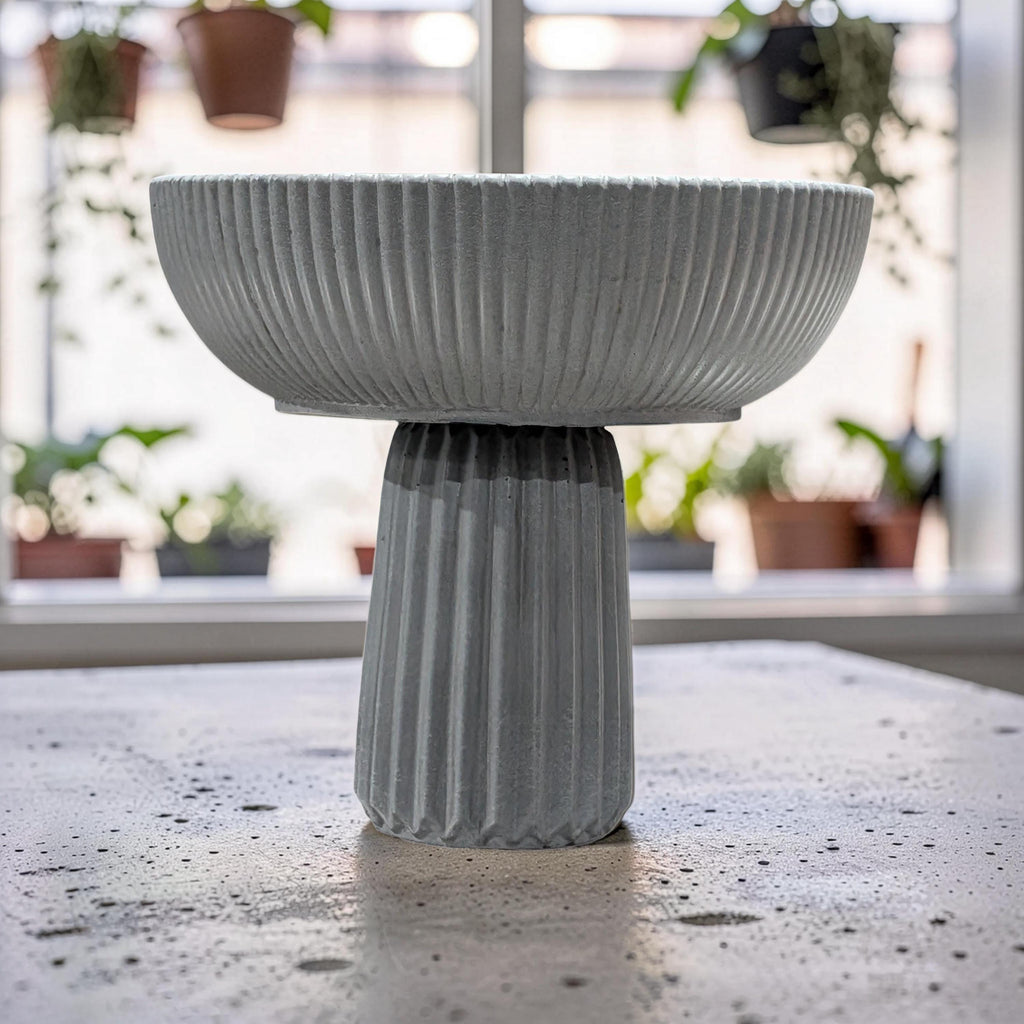 Large Grey Concrete Pedestal Bowl - 10" Fluted Decorative Fruit Bowl - Modern Scandi Centerpiece - Ribbed Cement Compote Vase
