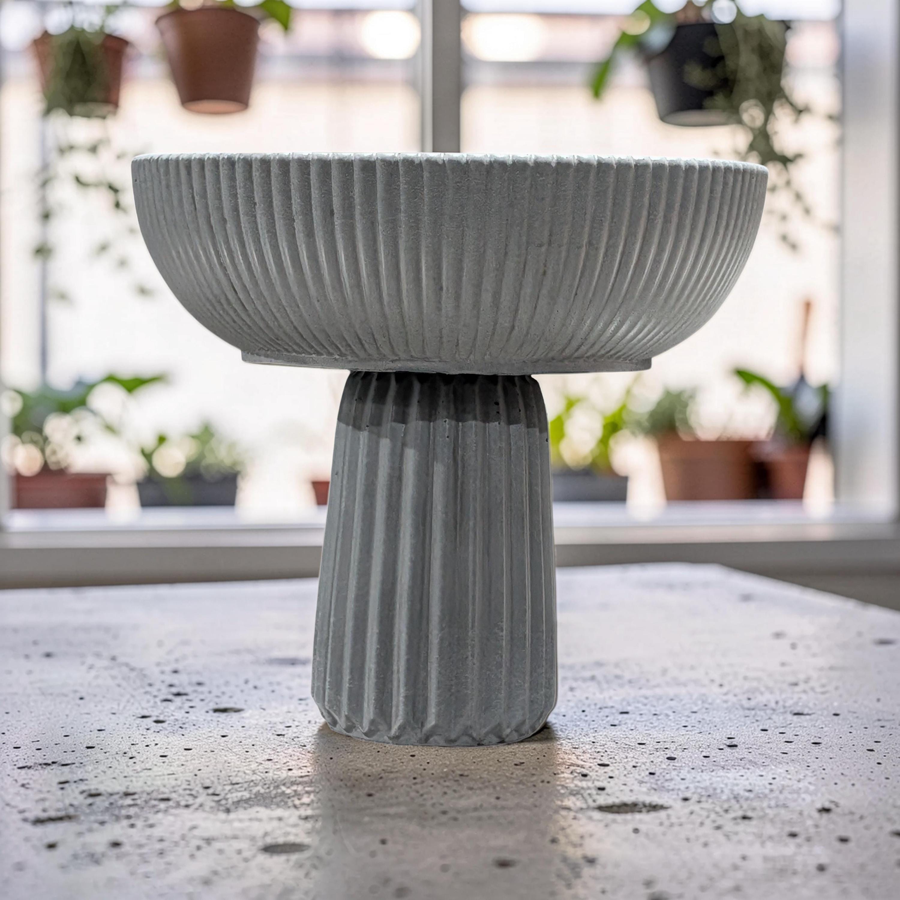 Large Grey Concrete Pedestal Bowl - 10" Fluted Decorative Fruit Bowl - Modern Scandi Centerpiece - Ribbed Cement Compote Vase
