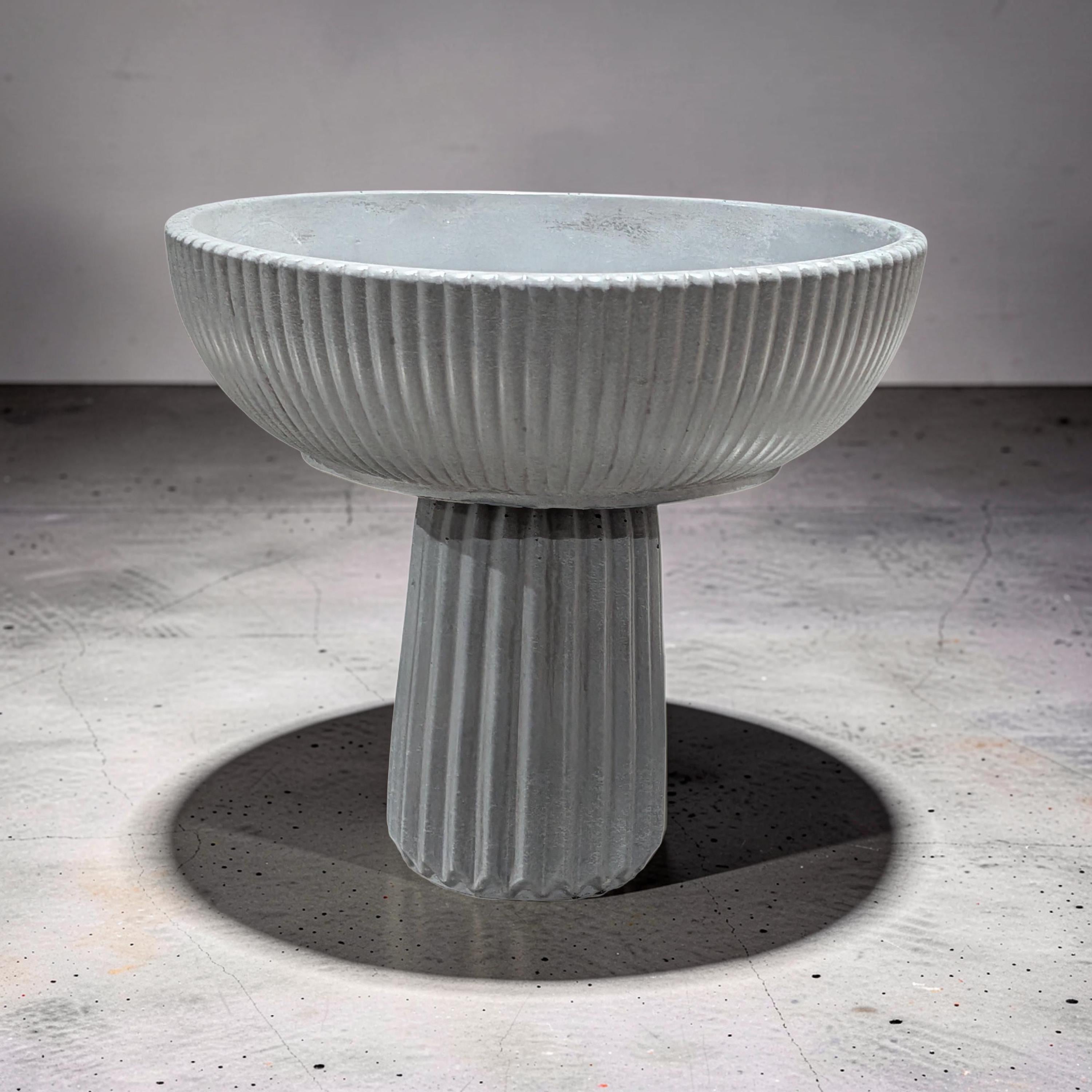 Large Grey Concrete Pedestal Bowl - 10" Fluted Decorative Fruit Bowl - Modern Scandi Centerpiece - Ribbed Cement Compote Vase
