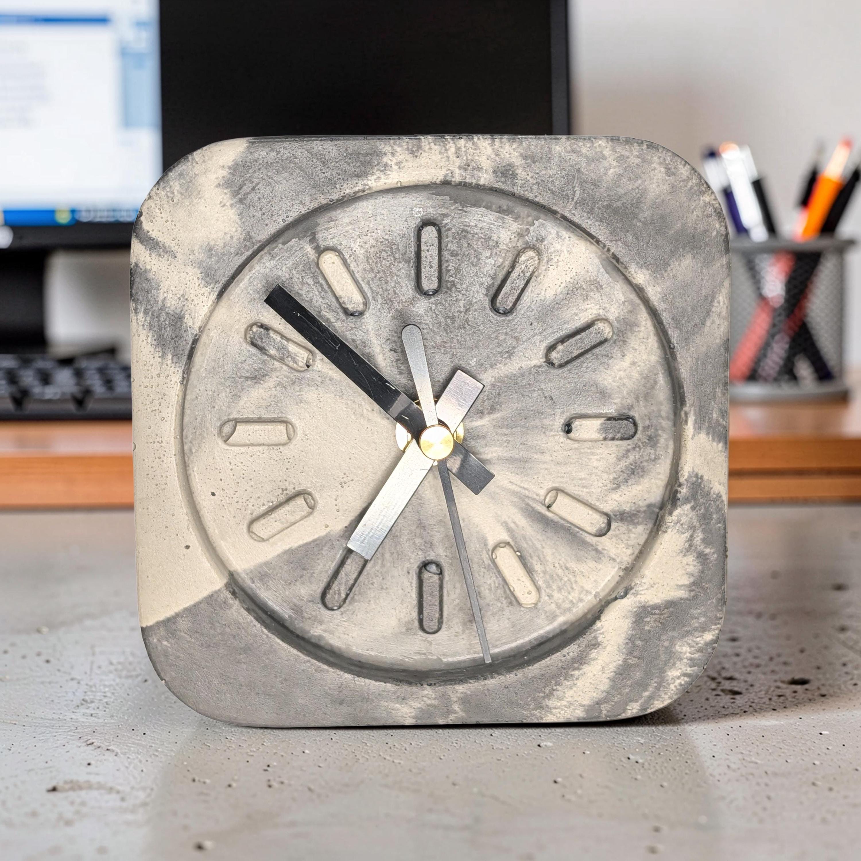 Modern Concrete Desk Clock | Minimalist Table Clock | Industrial Office Decor | Marbled & Gray Concrete Clock | Small Shelf Clock