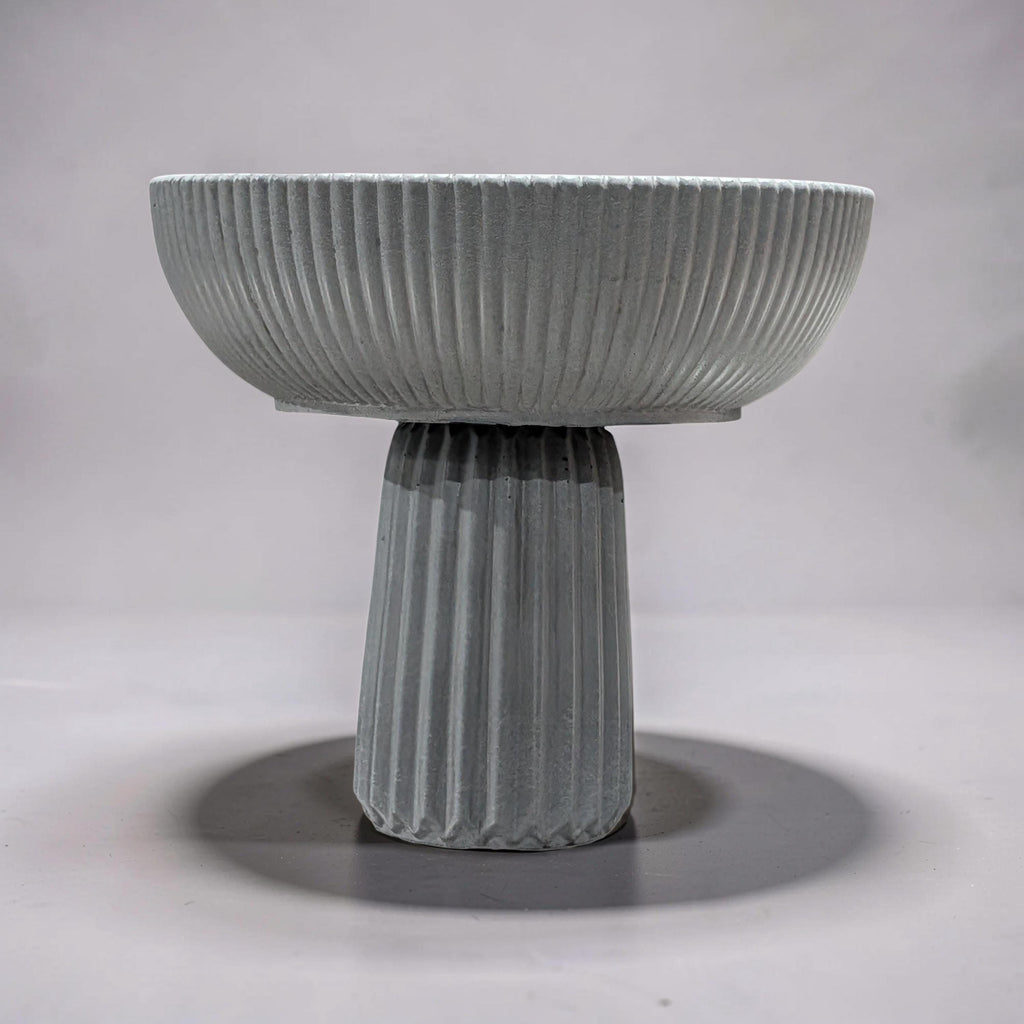 Large Grey Concrete Pedestal Bowl - 10" Fluted Decorative Fruit Bowl - Modern Scandi Centerpiece - Ribbed Cement Compote Vase