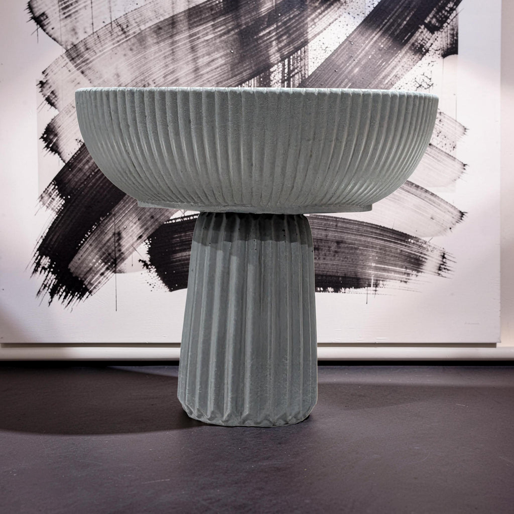 Large Grey Concrete Pedestal Bowl - 10" Fluted Decorative Fruit Bowl - Modern Scandi Centerpiece - Ribbed Cement Compote Vase