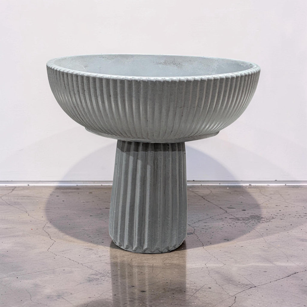 Large Grey Concrete Pedestal Bowl - 10" Fluted Decorative Fruit Bowl - Modern Scandi Centerpiece - Ribbed Cement Compote Vase