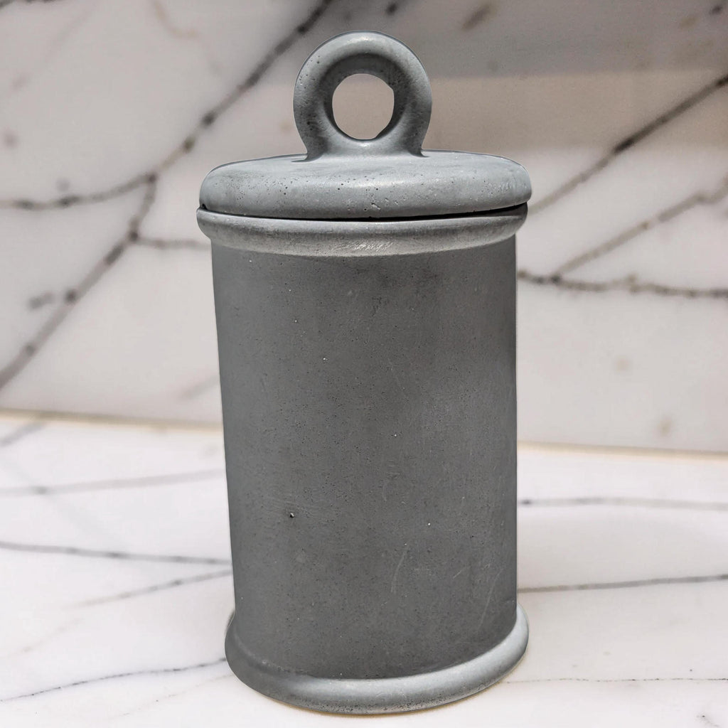 Minimalist Concrete 4.5" Storage Jar with Ring Lid - Industrial Grey or Marble Canister -Modern Bathroom Organizer & Office Desk Decor