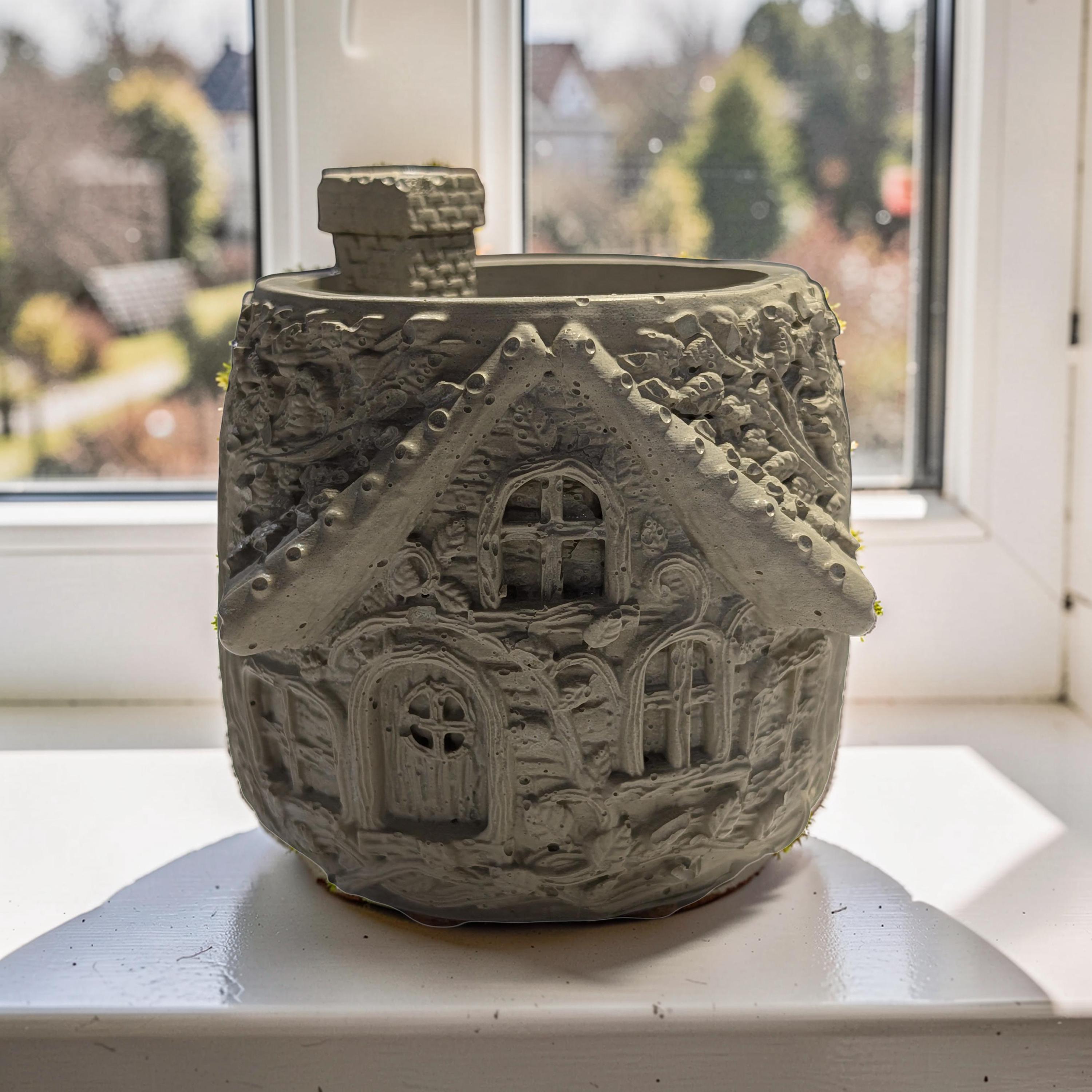 Whimsical Fairy House Concrete Planter, 4" Stone Cottage Succulent Pot, Unique Storybook Desk Organizer, Enchanted Garden Decor