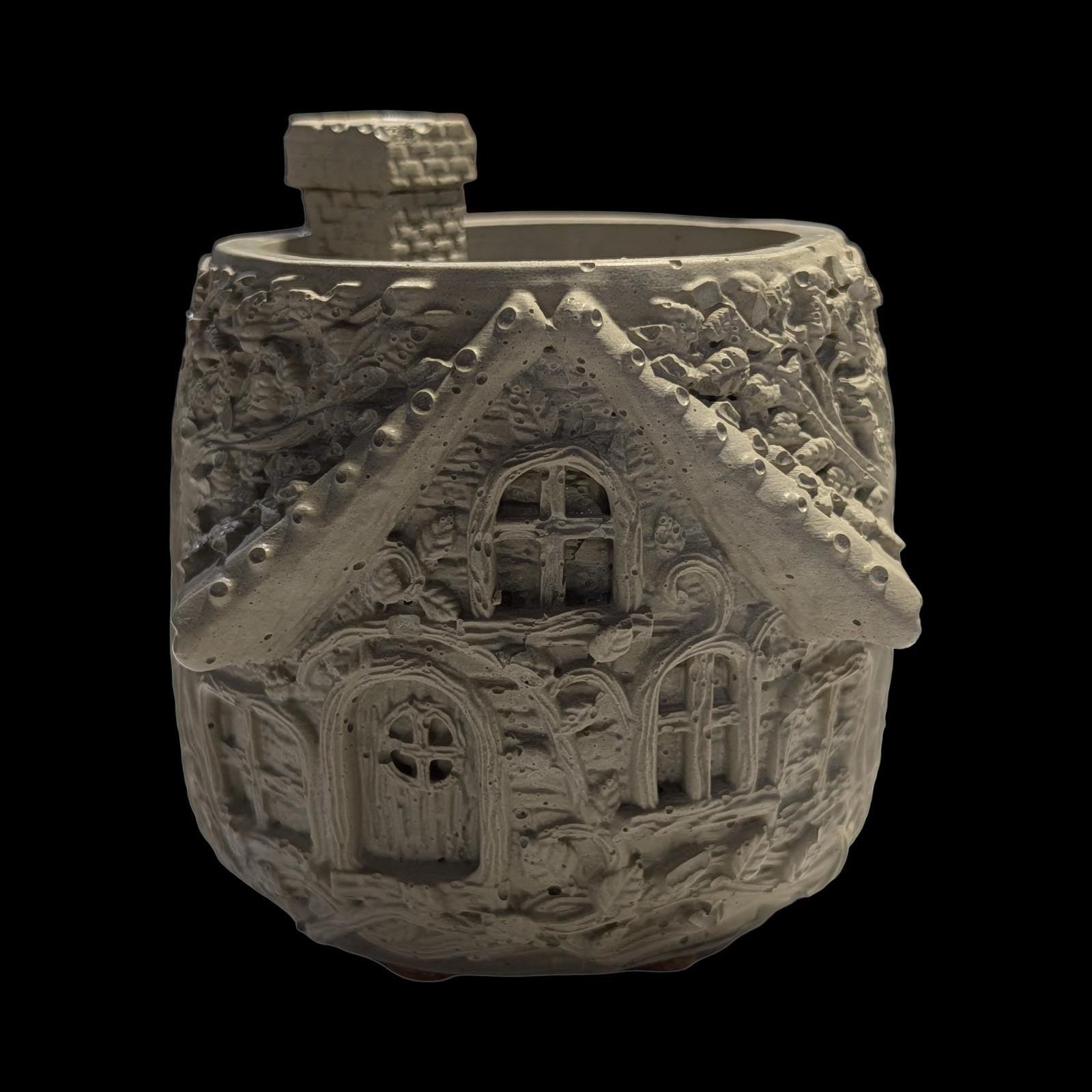 Whimsical Fairy House Concrete Planter, 4" Stone Cottage Succulent Pot, Unique Storybook Desk Organizer, Enchanted Garden Decor