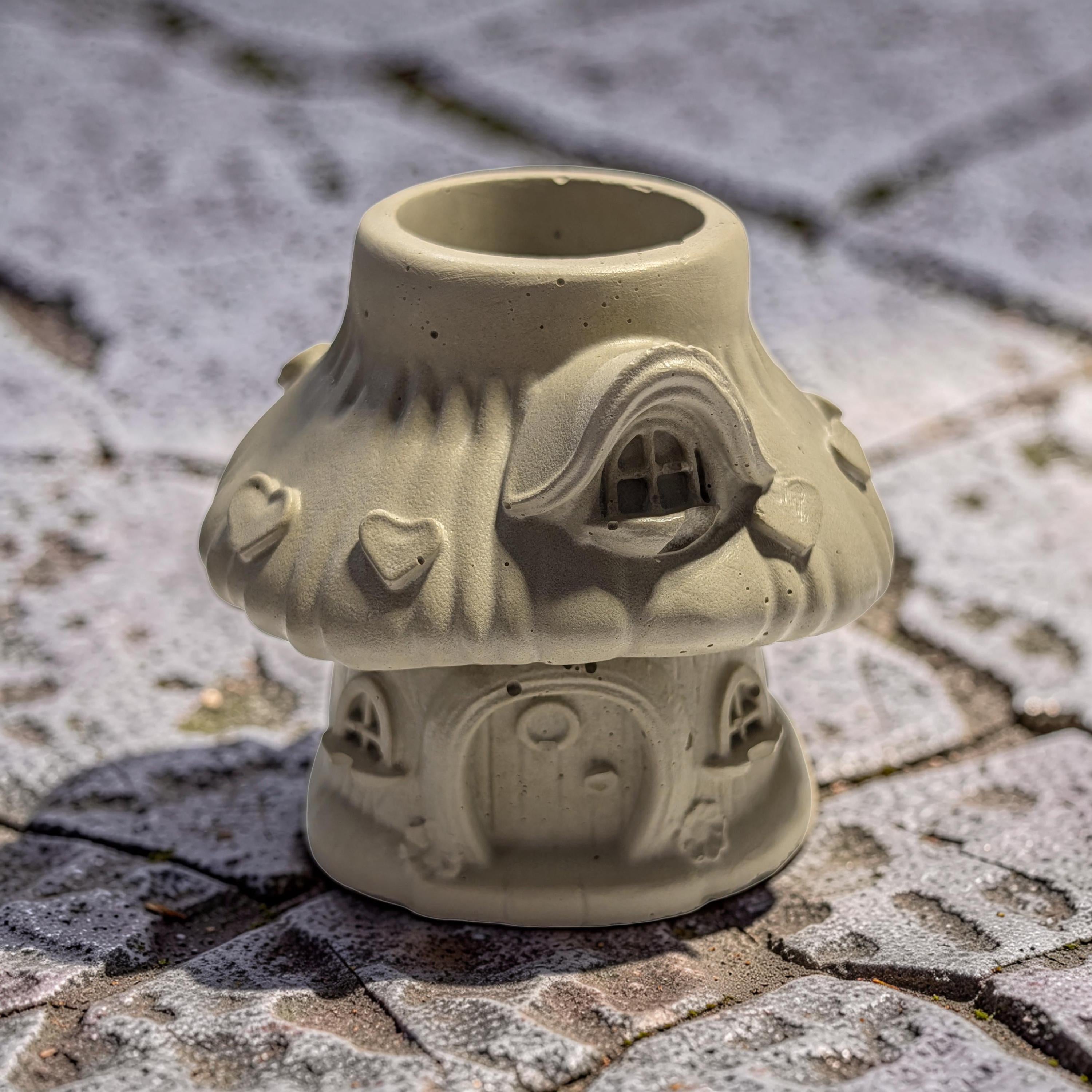Heart Mushroom House Concrete Planter, Whimsical Toadstool Fairy Cottage, 3" Small Succulent Pot, Valentine's Day Gift, Unique Desk Decor