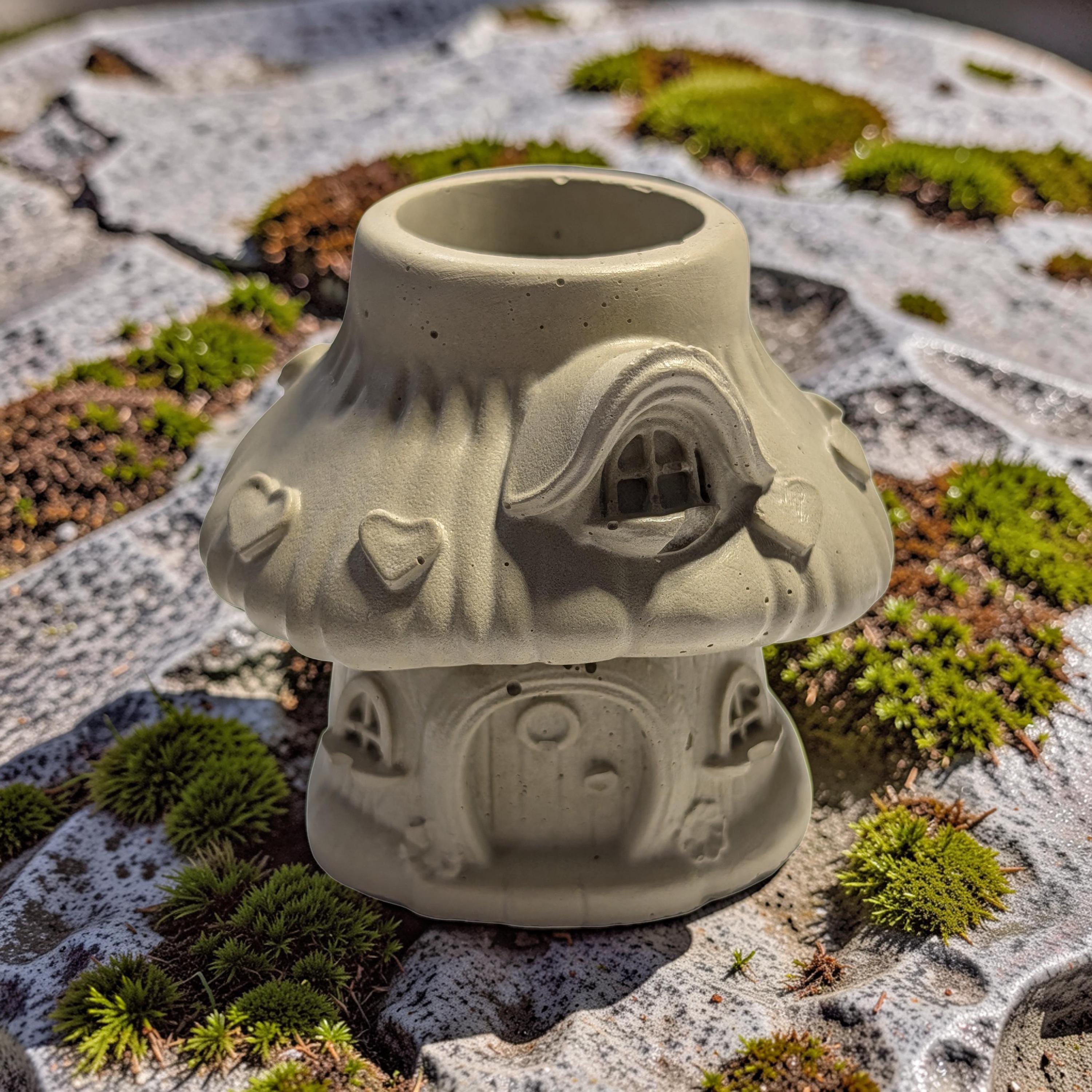 Heart Mushroom House Concrete Planter, Whimsical Toadstool Fairy Cottage, 3" Small Succulent Pot, Valentine's Day Gift, Unique Desk Decor