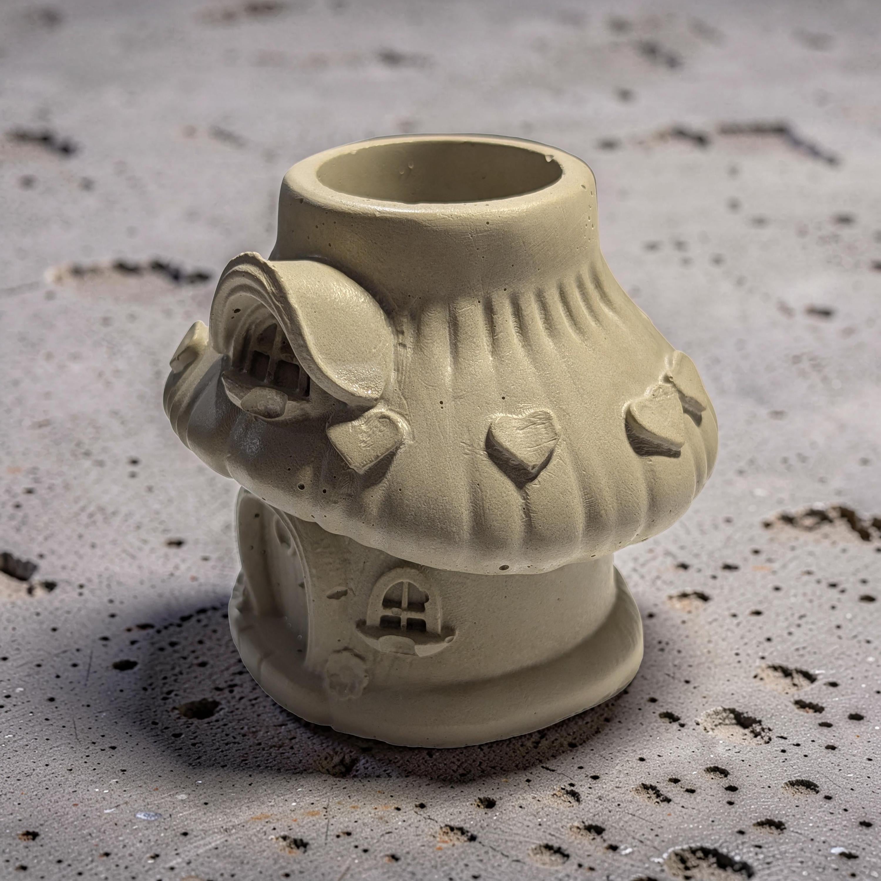 Heart Mushroom House Concrete Planter, Whimsical Toadstool Fairy Cottage, 3" Small Succulent Pot, Valentine's Day Gift, Unique Desk Decor