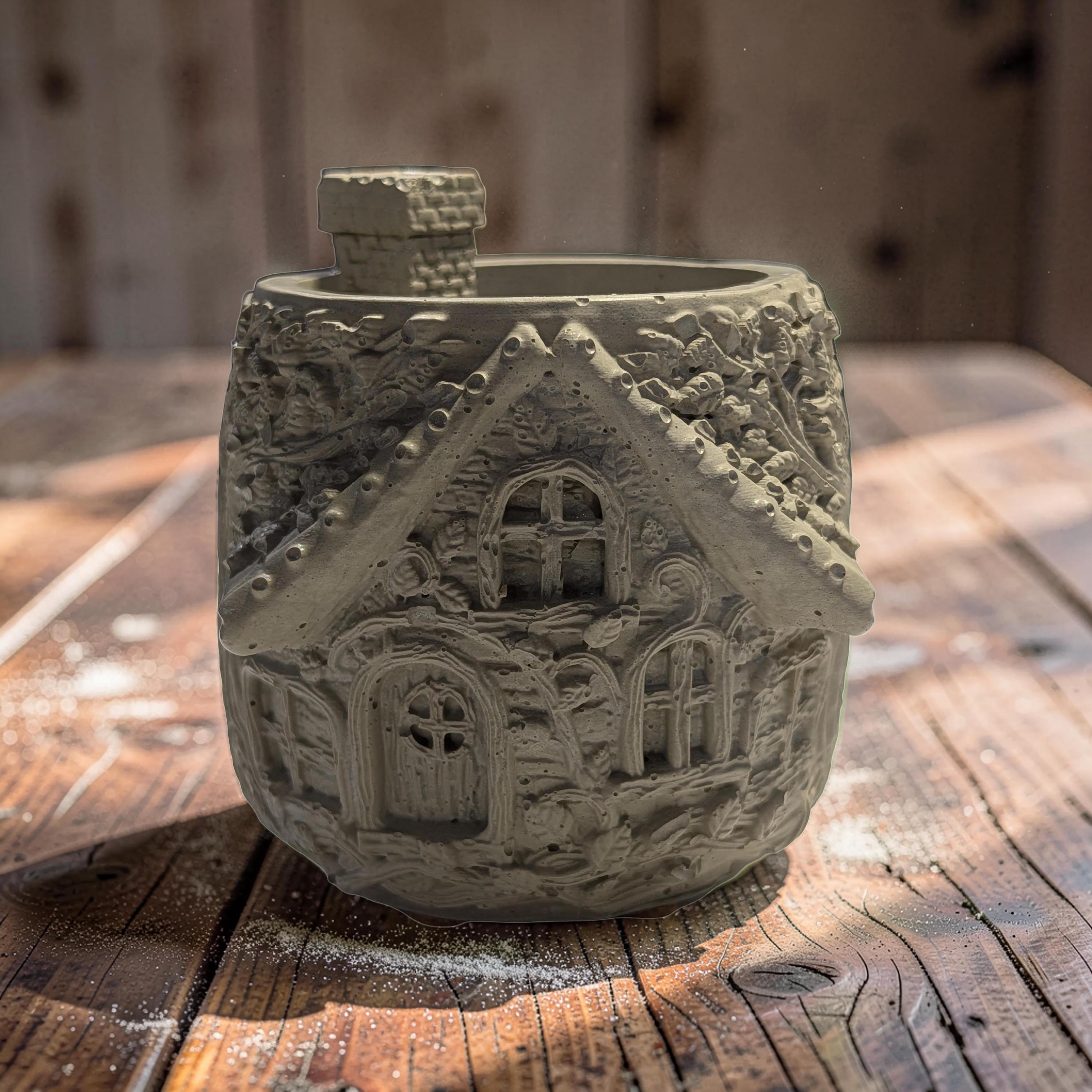 Whimsical Fairy House Concrete Planter, 4" Stone Cottage Succulent Pot, Unique Storybook Desk Organizer, Enchanted Garden Decor
