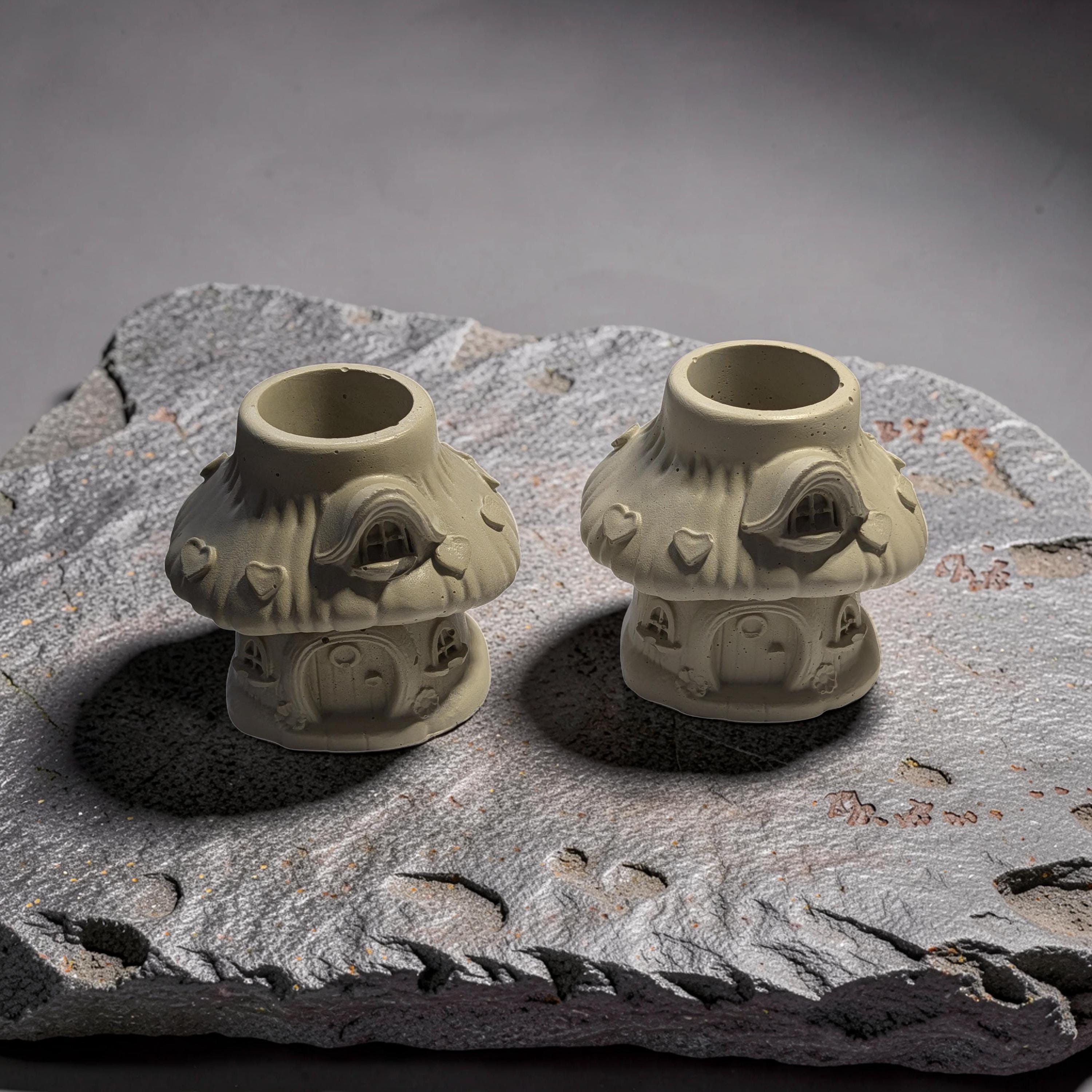 Heart Mushroom House Concrete Planter, Whimsical Toadstool Fairy Cottage, 3" Small Succulent Pot, Valentine's Day Gift, Unique Desk Decor
