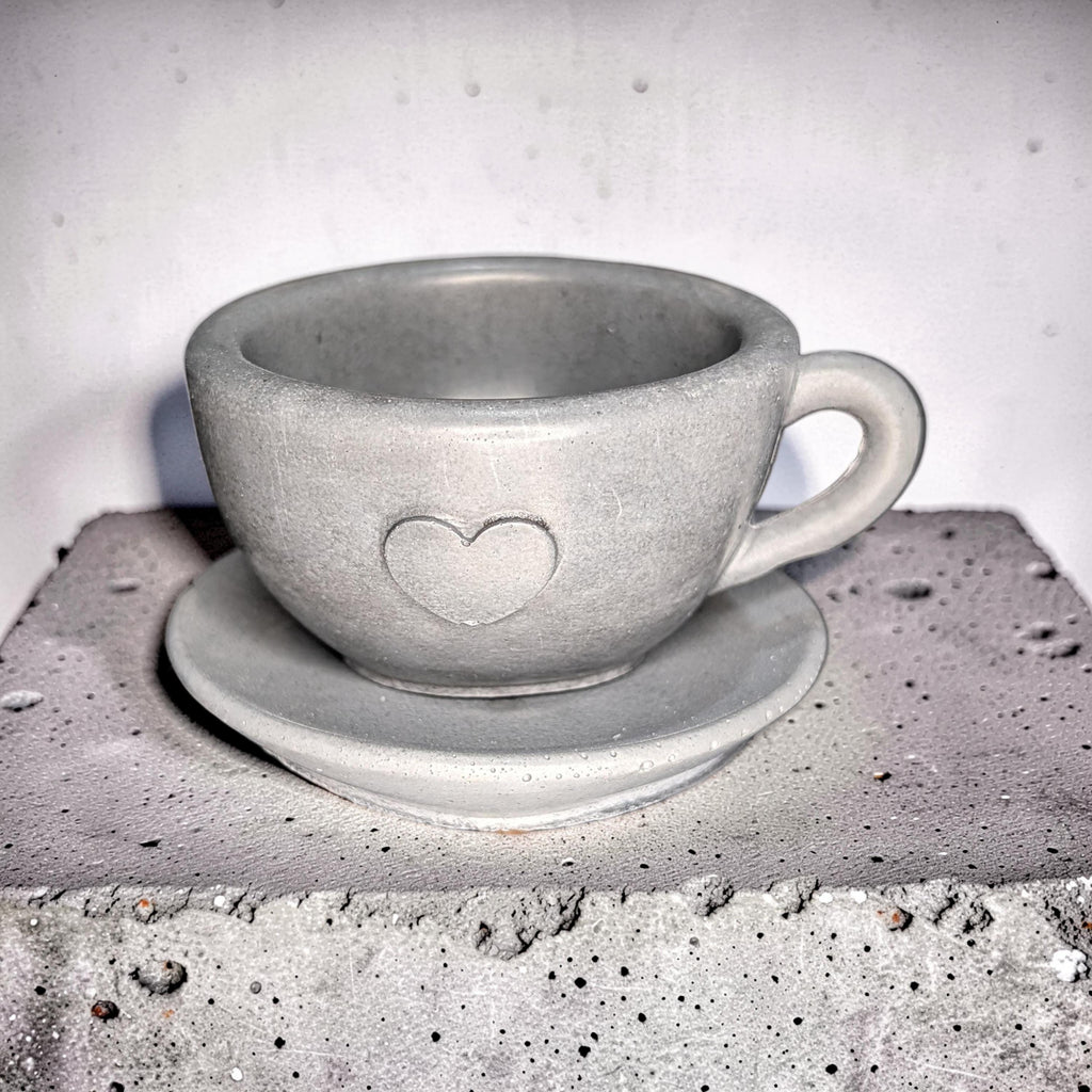 Minimalist Concrete Heart Teacup & Saucer Set | Modern Succulent Planter | Jewelry Dish | Minimalist Concrete Mug + Saucer Set