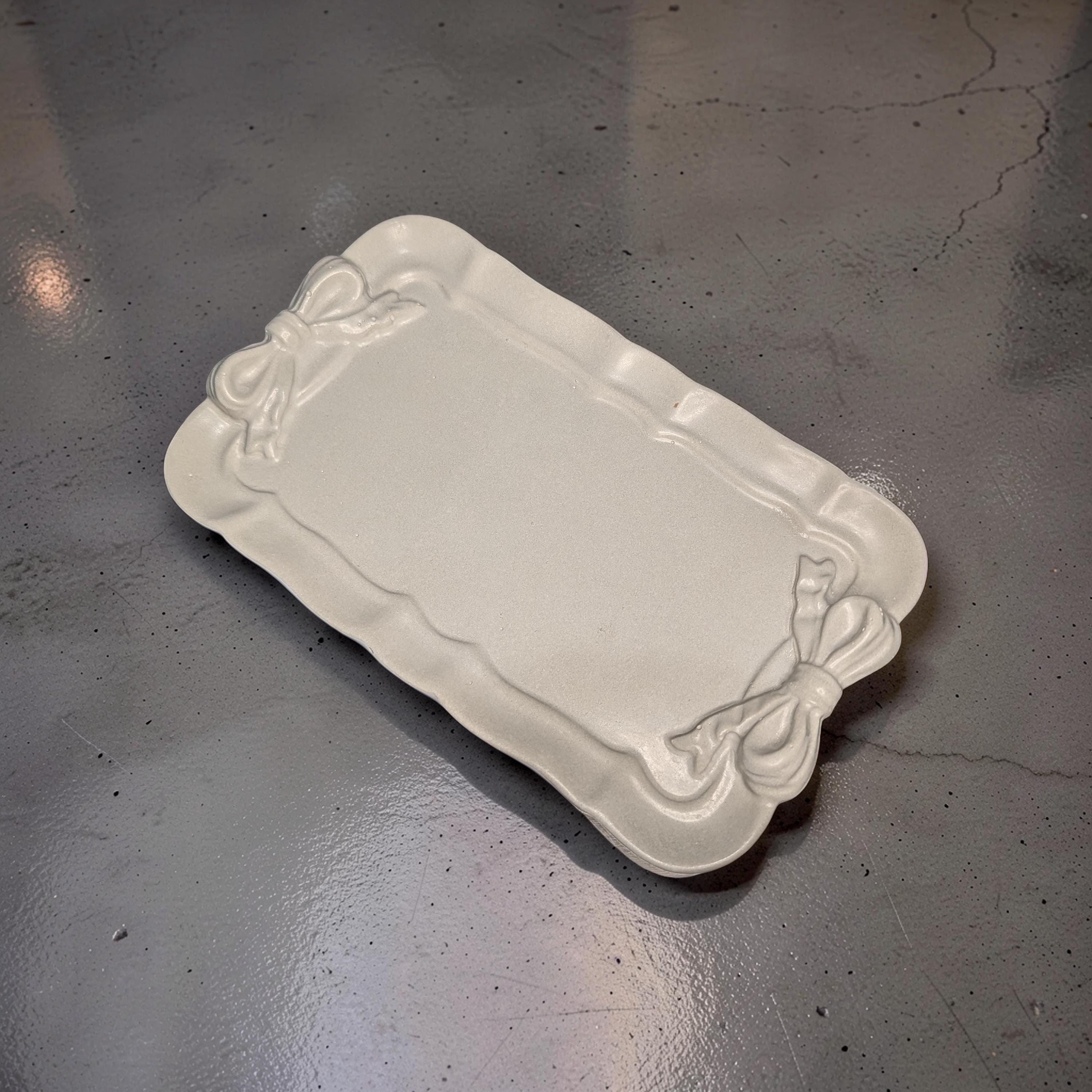 Coquette Concrete Ribbon Tray, Aesthetic Trinket Dish, Key & Ring Holder for Dresser, Neutral Gray Bathroom Vanity Decor, Handmade Gift