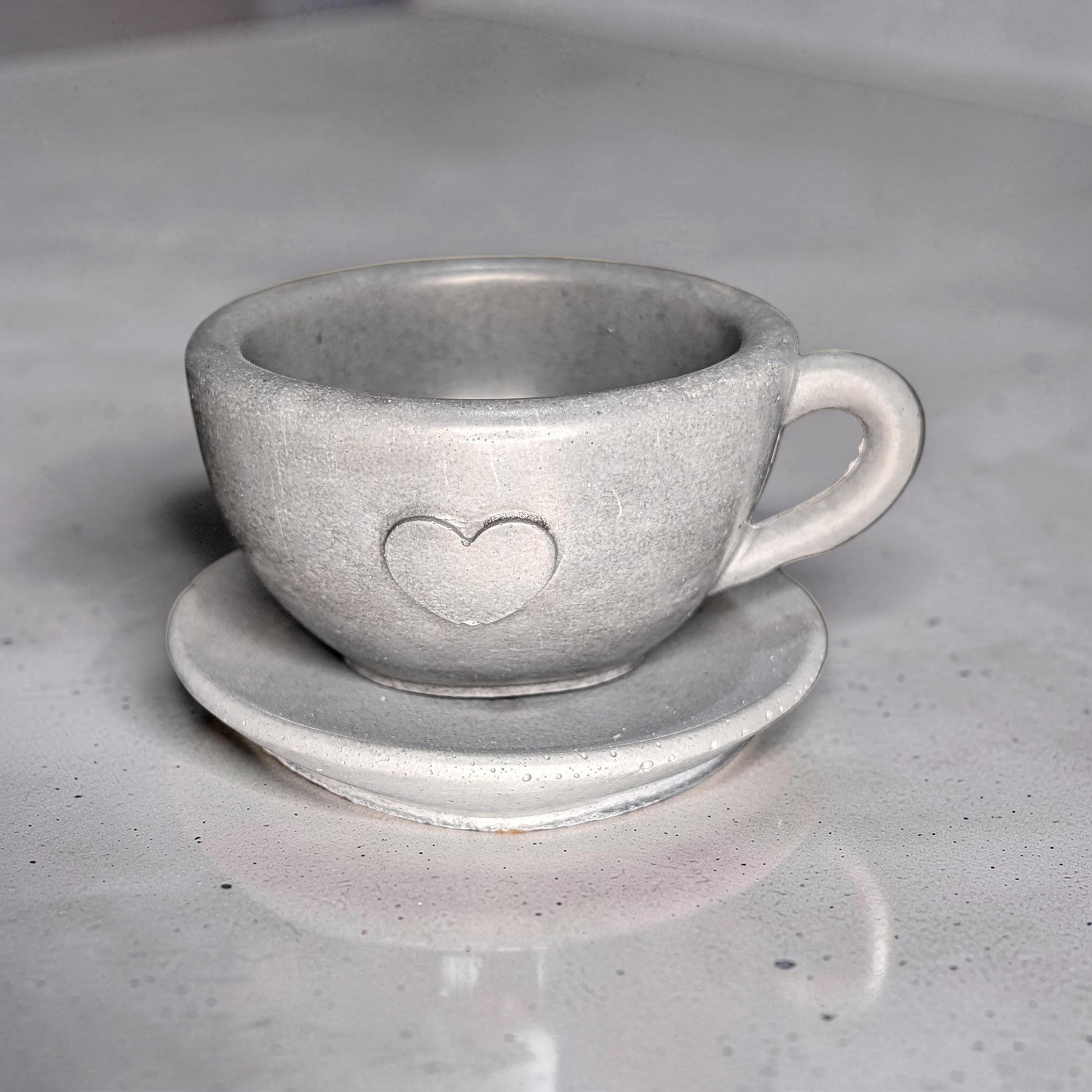 Minimalist Concrete Heart Teacup & Saucer Set | Modern Succulent Planter | Jewelry Dish | Minimalist Concrete Mug + Saucer Set
