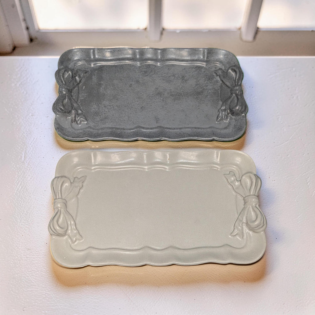 Coquette Concrete Ribbon Tray, Aesthetic Trinket Dish, Key & Ring Holder for Dresser, Neutral Gray Bathroom Vanity Decor, Handmade Gift
