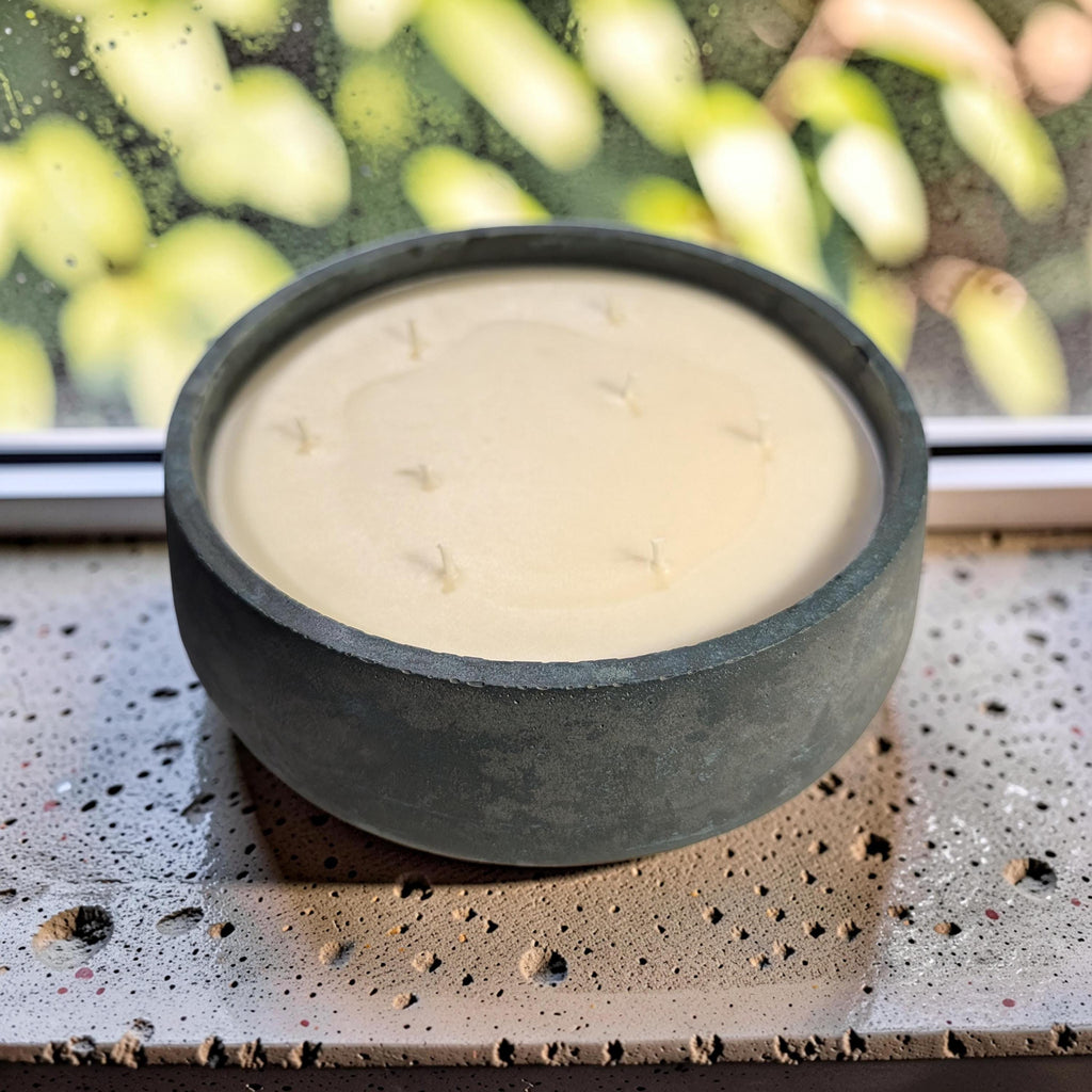 Large 7 Inch Concrete Citronella Candle - 8 Wick Outdoor Candle Bowl - Green Concrete Decor - Brutalist Modern Patio Candle