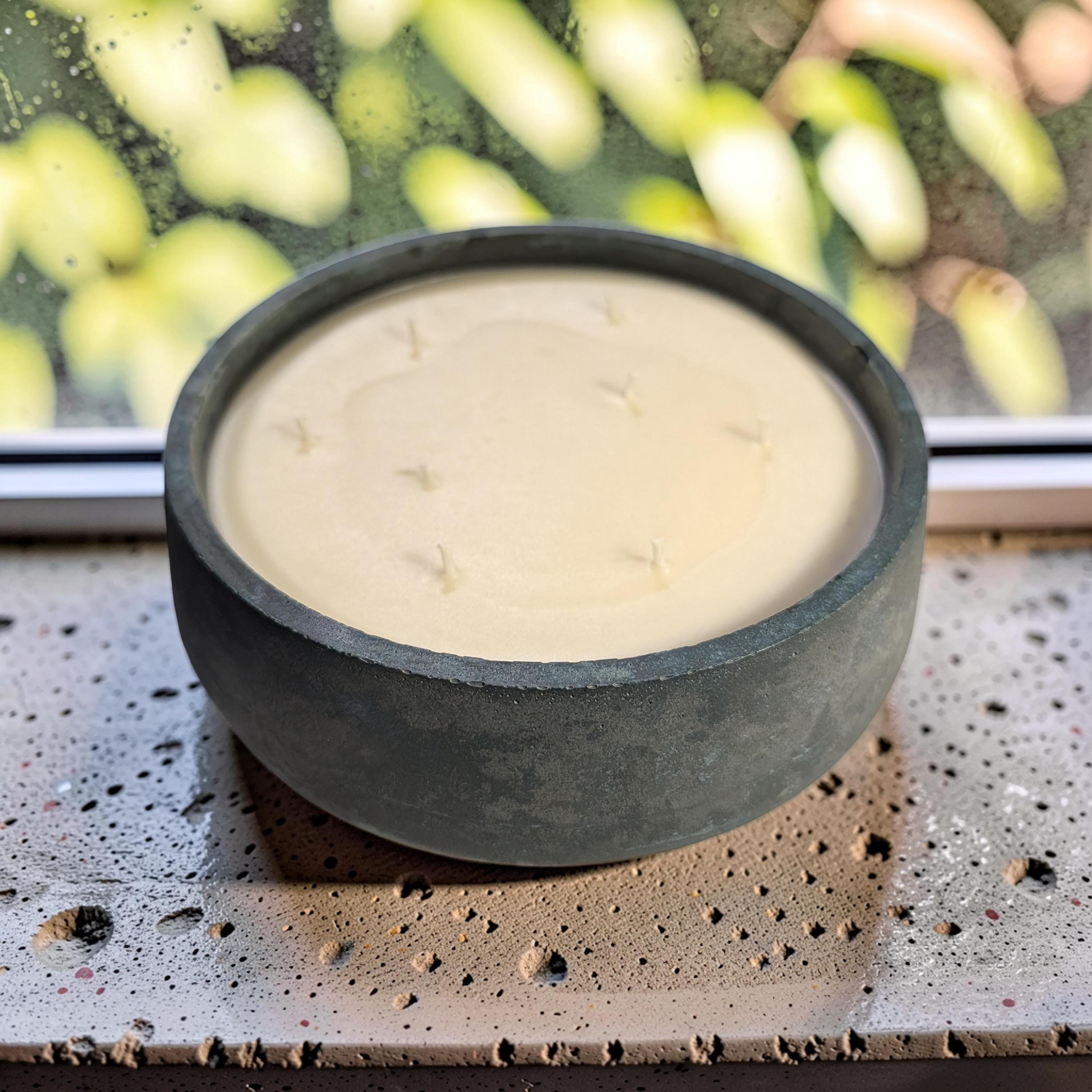 Large 7 Inch Concrete Citronella Candle - 8 Wick Outdoor Candle Bowl - Green Concrete Decor - Brutalist Modern Patio Candle