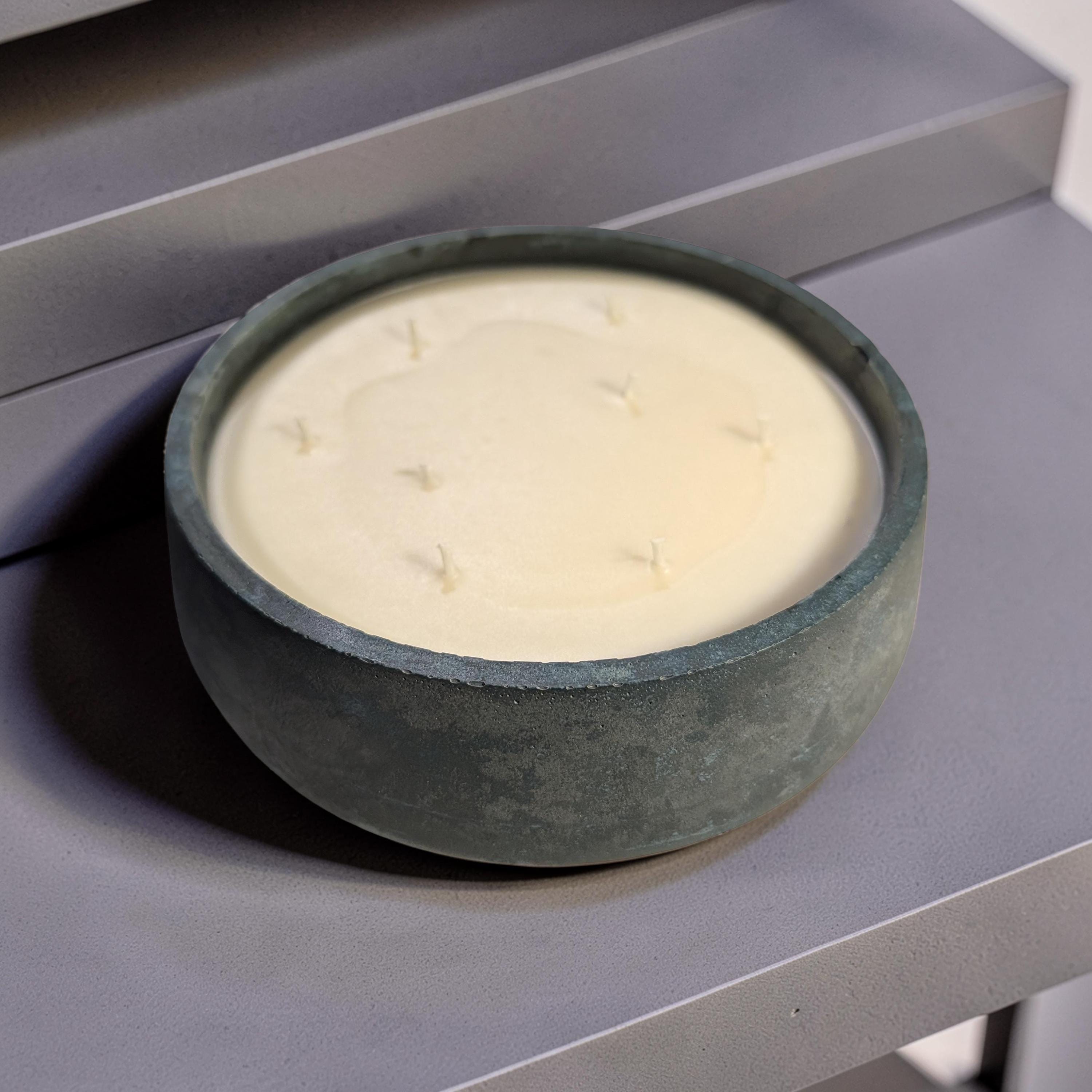 Large 7 Inch Concrete Citronella Candle - 8 Wick Outdoor Candle Bowl - Green Concrete Decor - Brutalist Modern Patio Candle